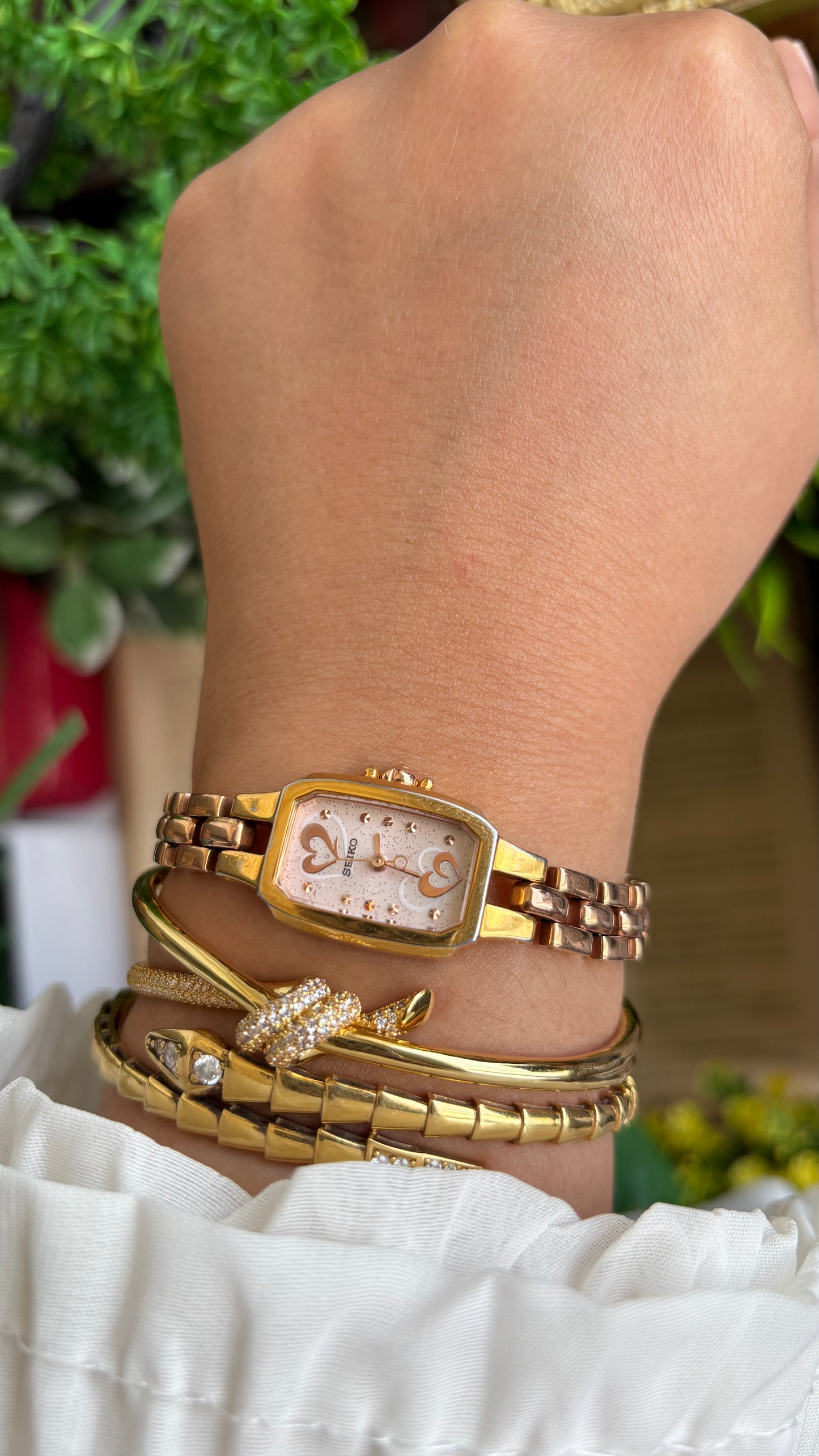 Vintage Seiko Watch in Rose Gold Tone with Hearts on Dial