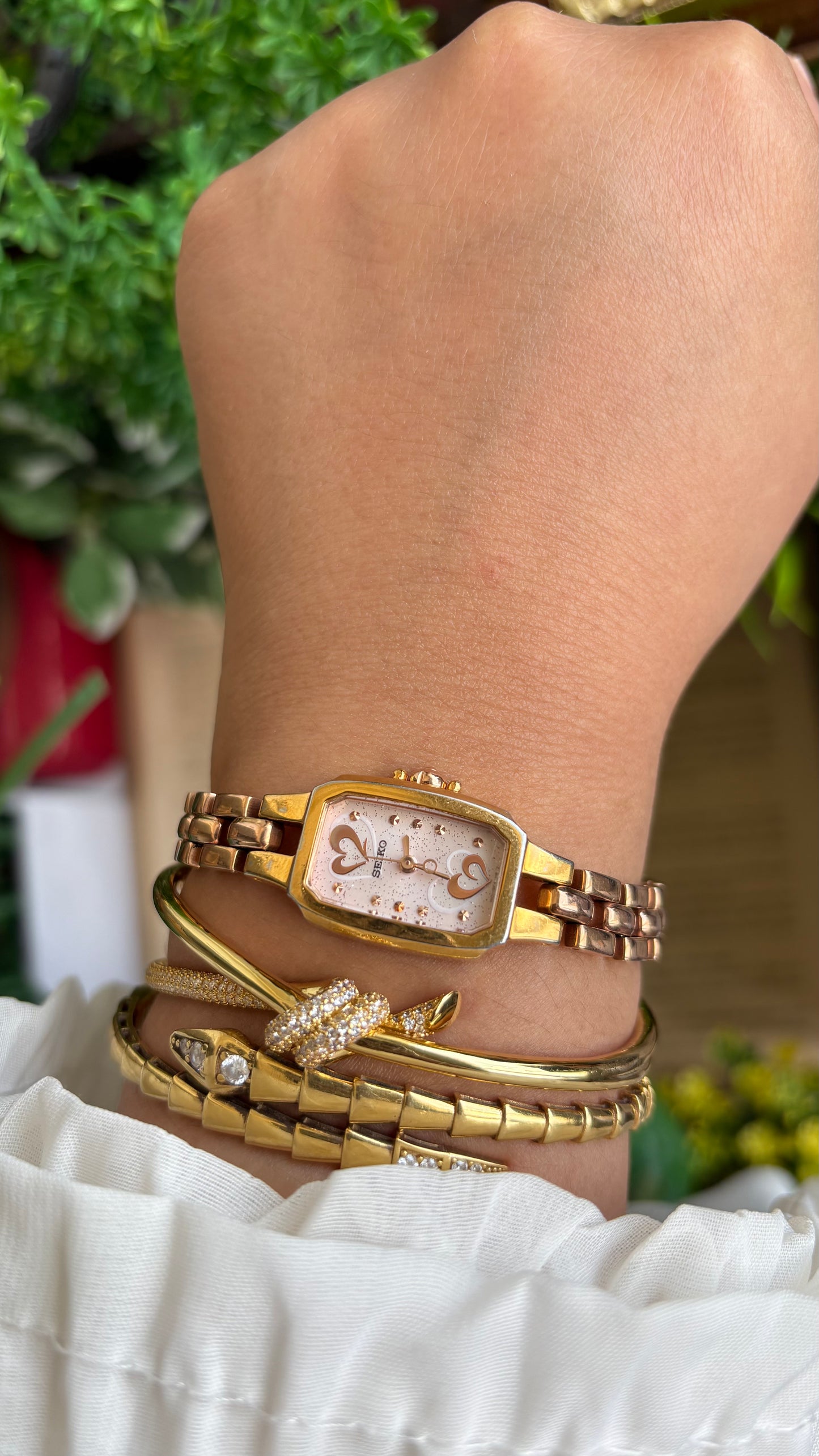 Vintage Seiko Watch in Rose Gold Tone with Hearts on Dial