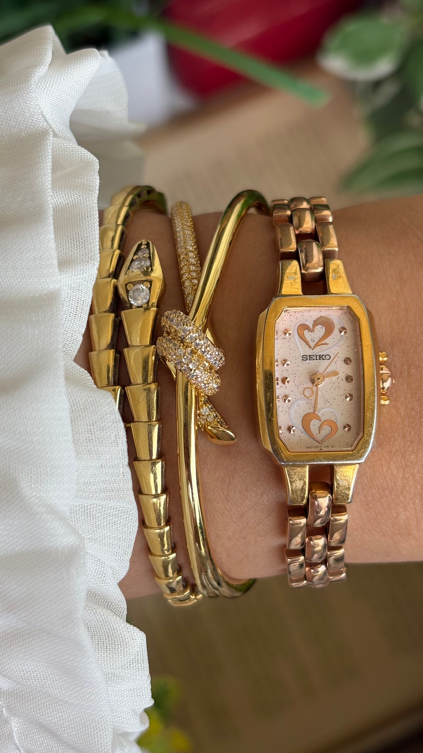 Vintage Seiko Watch in Rose Gold Tone with Hearts on Dial