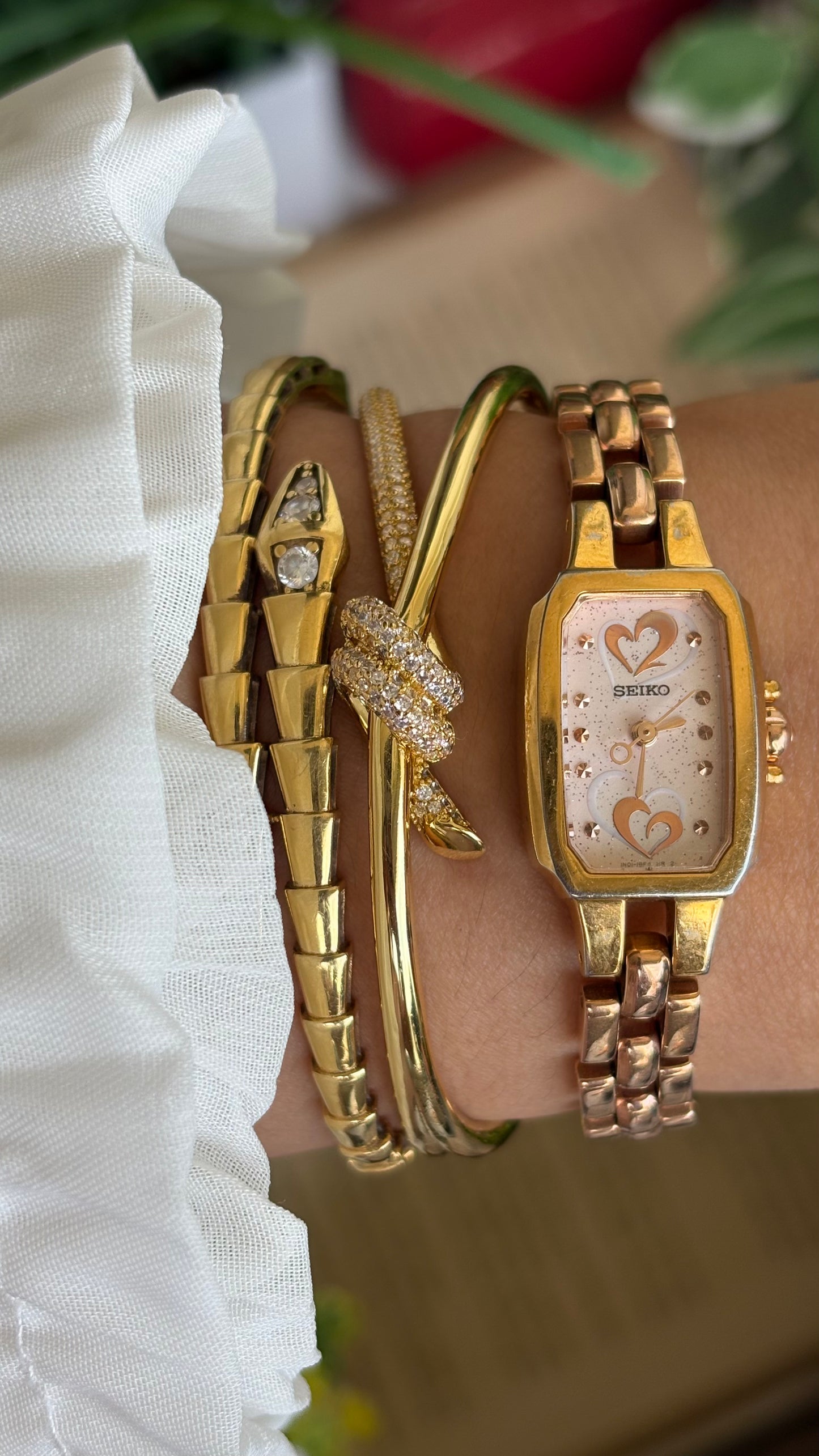 Vintage Seiko Watch in Rose Gold Tone with Hearts on Dial