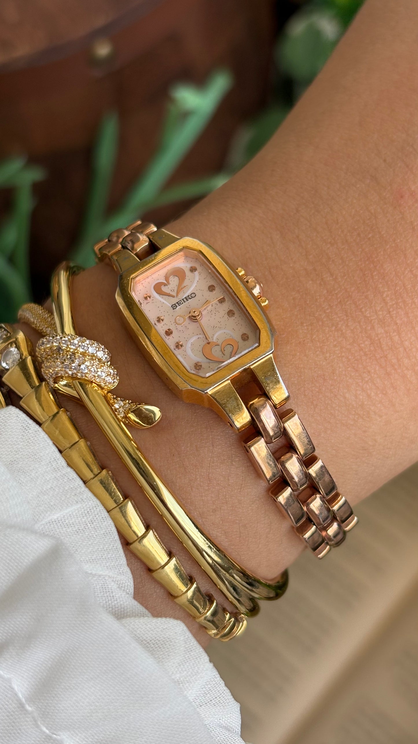 Vintage Seiko Watch in Rose Gold Tone with Hearts on Dial