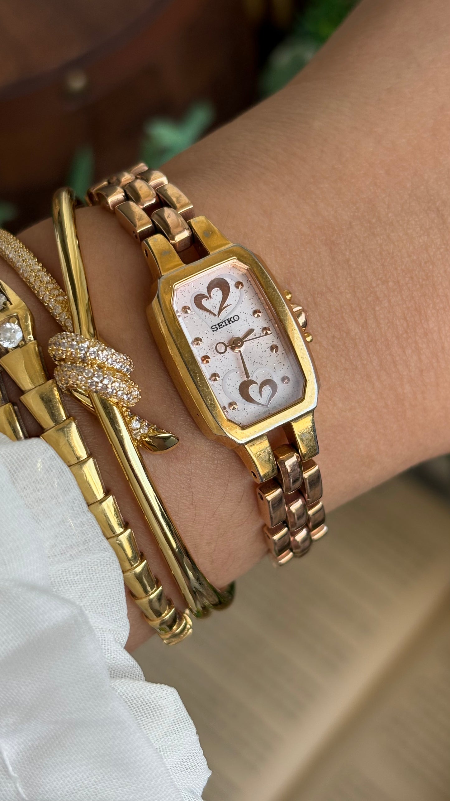 Vintage Seiko Watch in Rose Gold Tone with Hearts on Dial