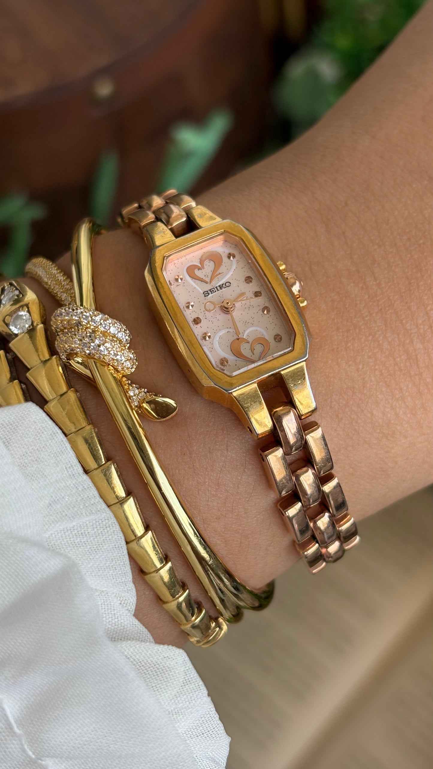 Vintage Seiko Watch in Rose Gold Tone with Hearts on Dial