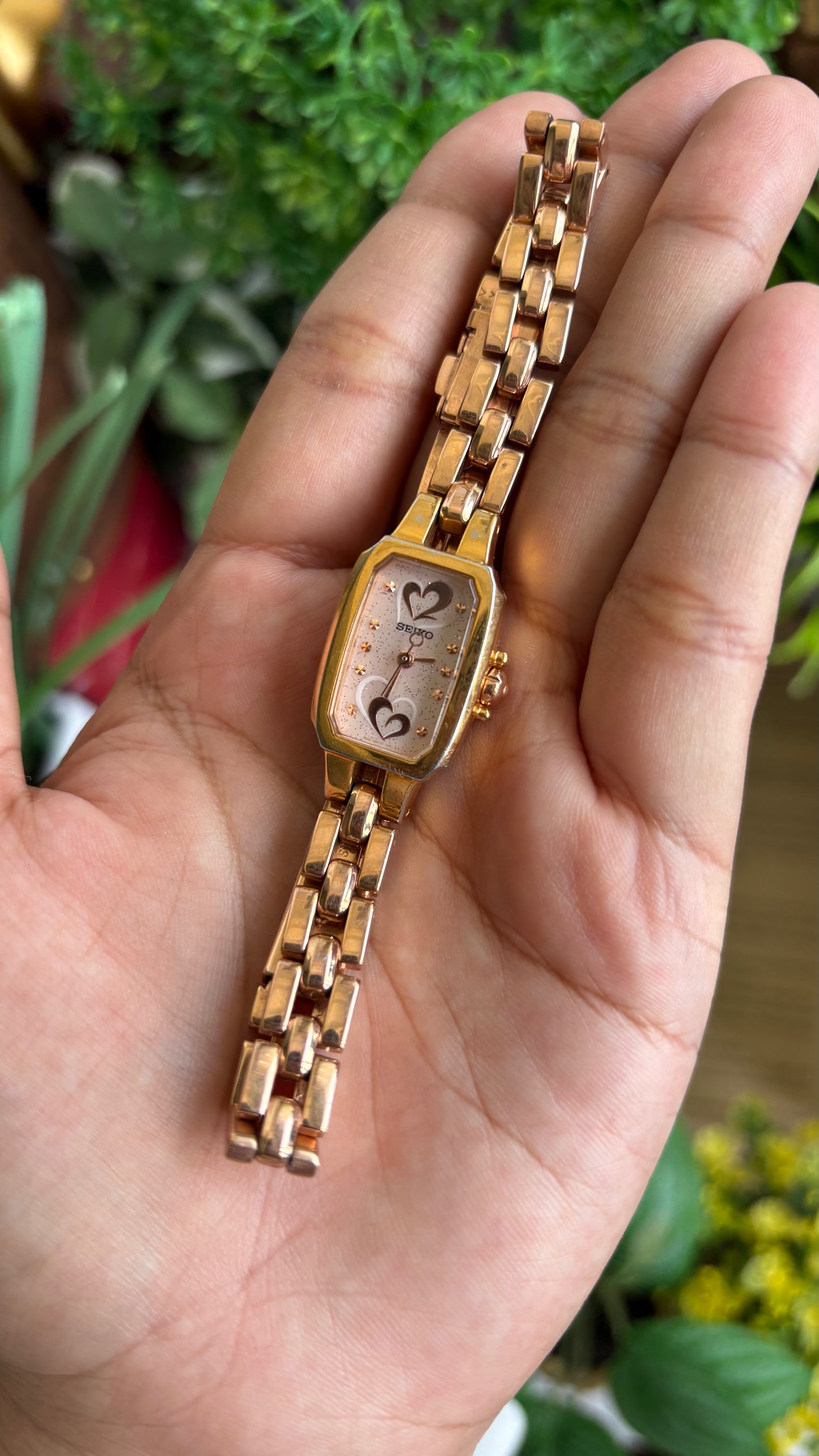 Vintage Seiko Watch in Rose Gold Tone with Hearts on Dial