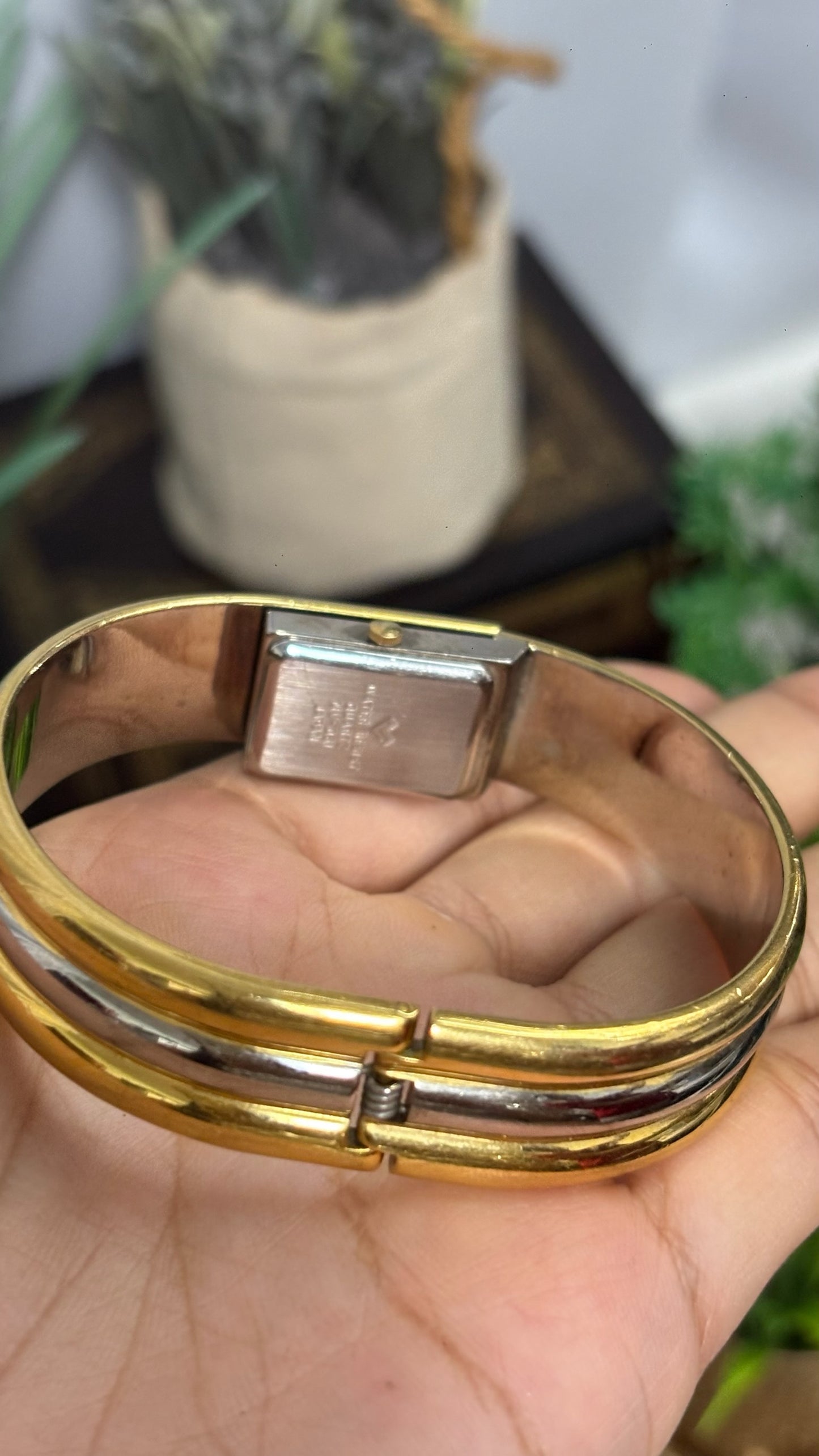 Vintage Mario Valentino Rectangular Watch with Two-Tone Ribbed Cuff Bracelet Quartz