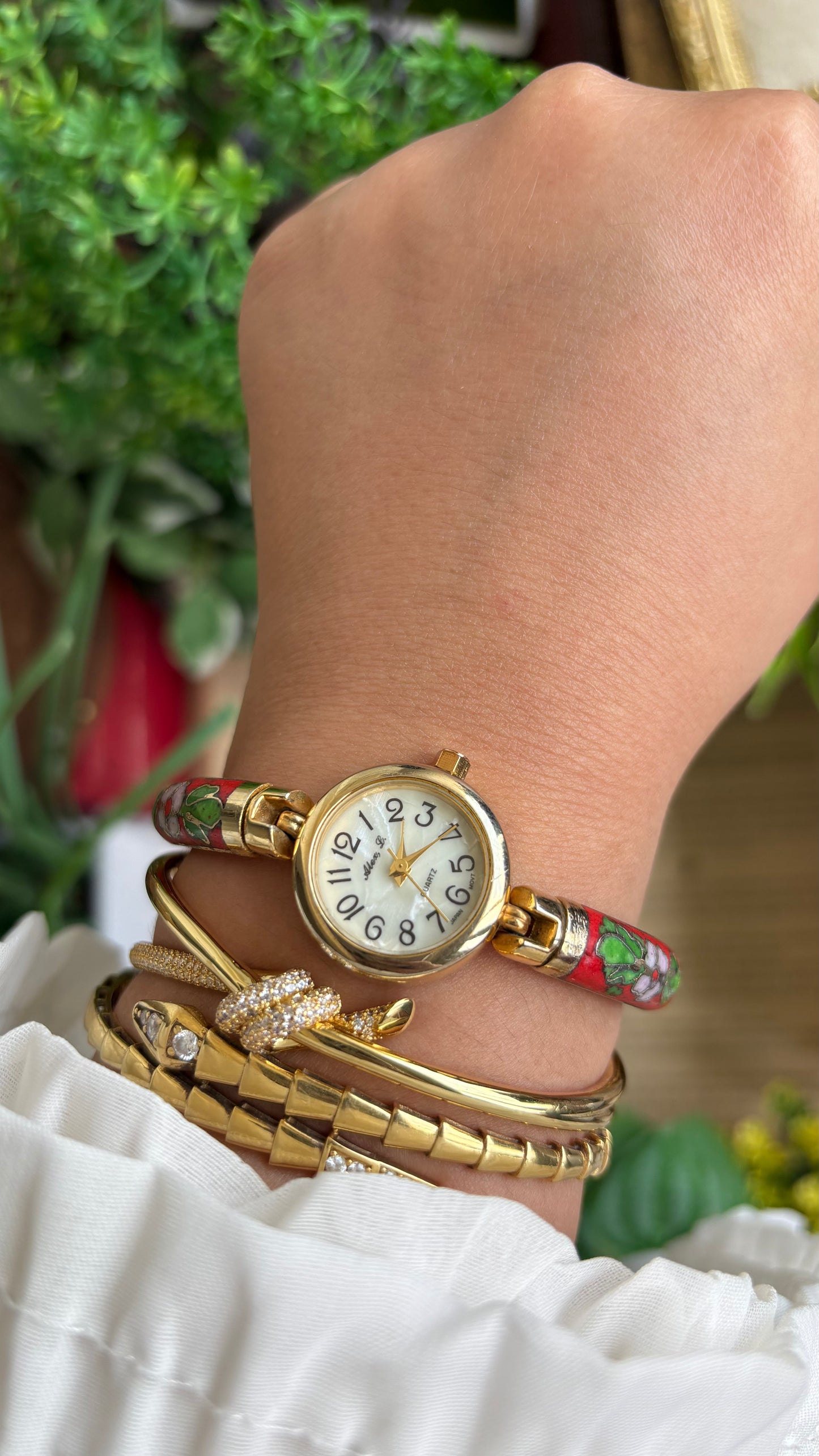 Extremely Rare Vintage L. Alex Cloisonné Watch in Gold Tone Pearl Dial Ancient Deco