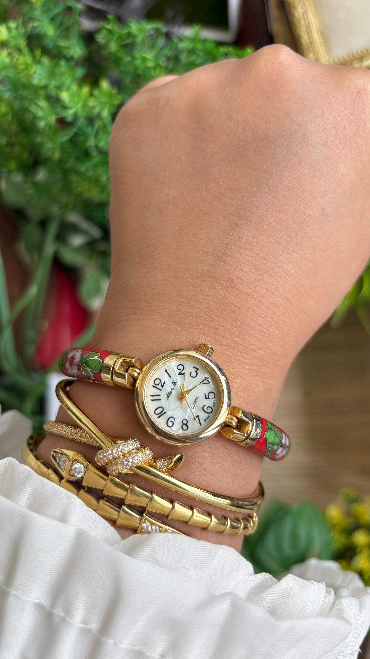 Extremely Rare Vintage L. Alex Cloisonné Watch in Gold Tone Pearl Dial Ancient Deco