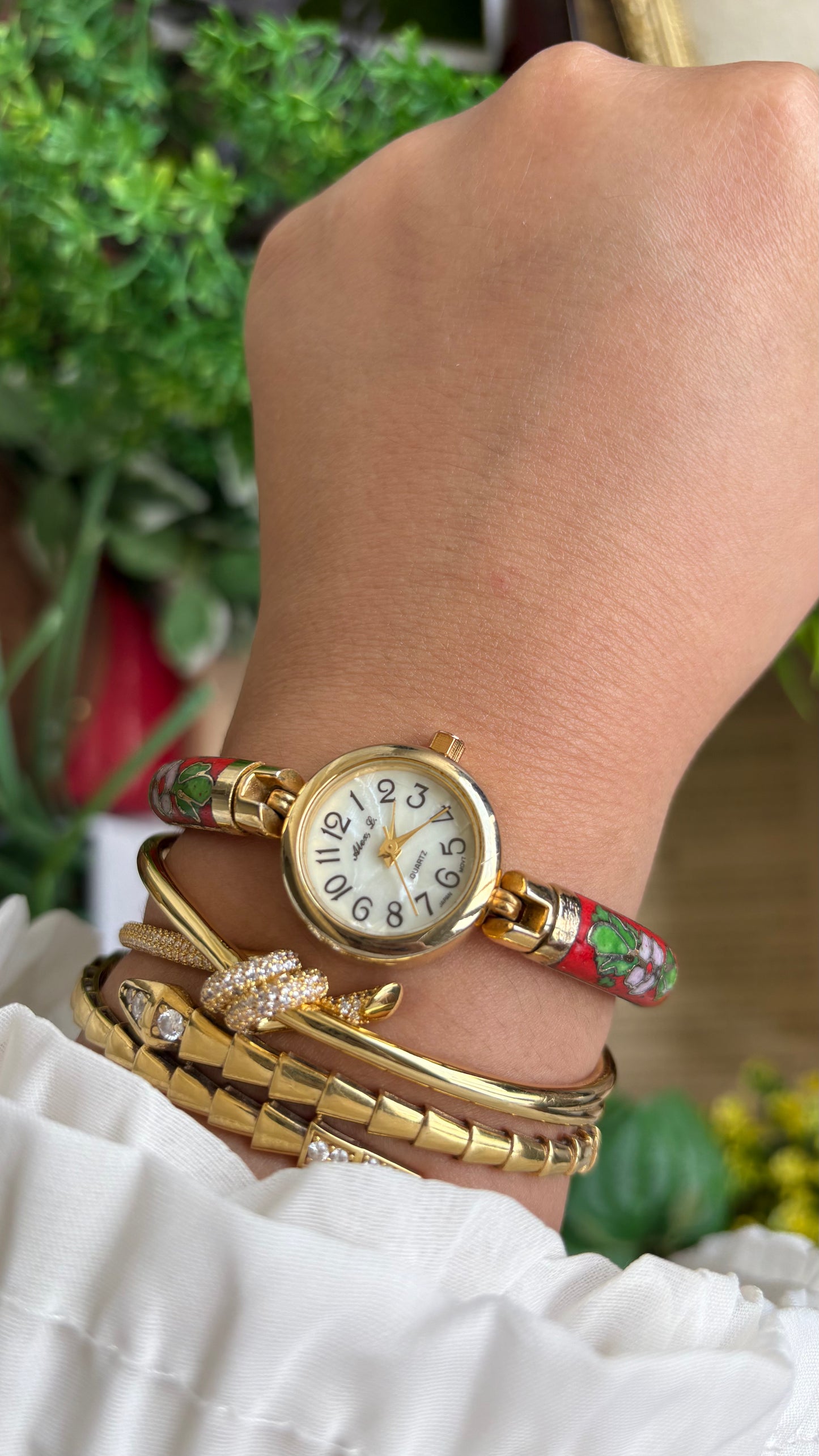 Extremely Rare Vintage L. Alex Cloisonné Watch in Gold Tone Pearl Dial Ancient Deco