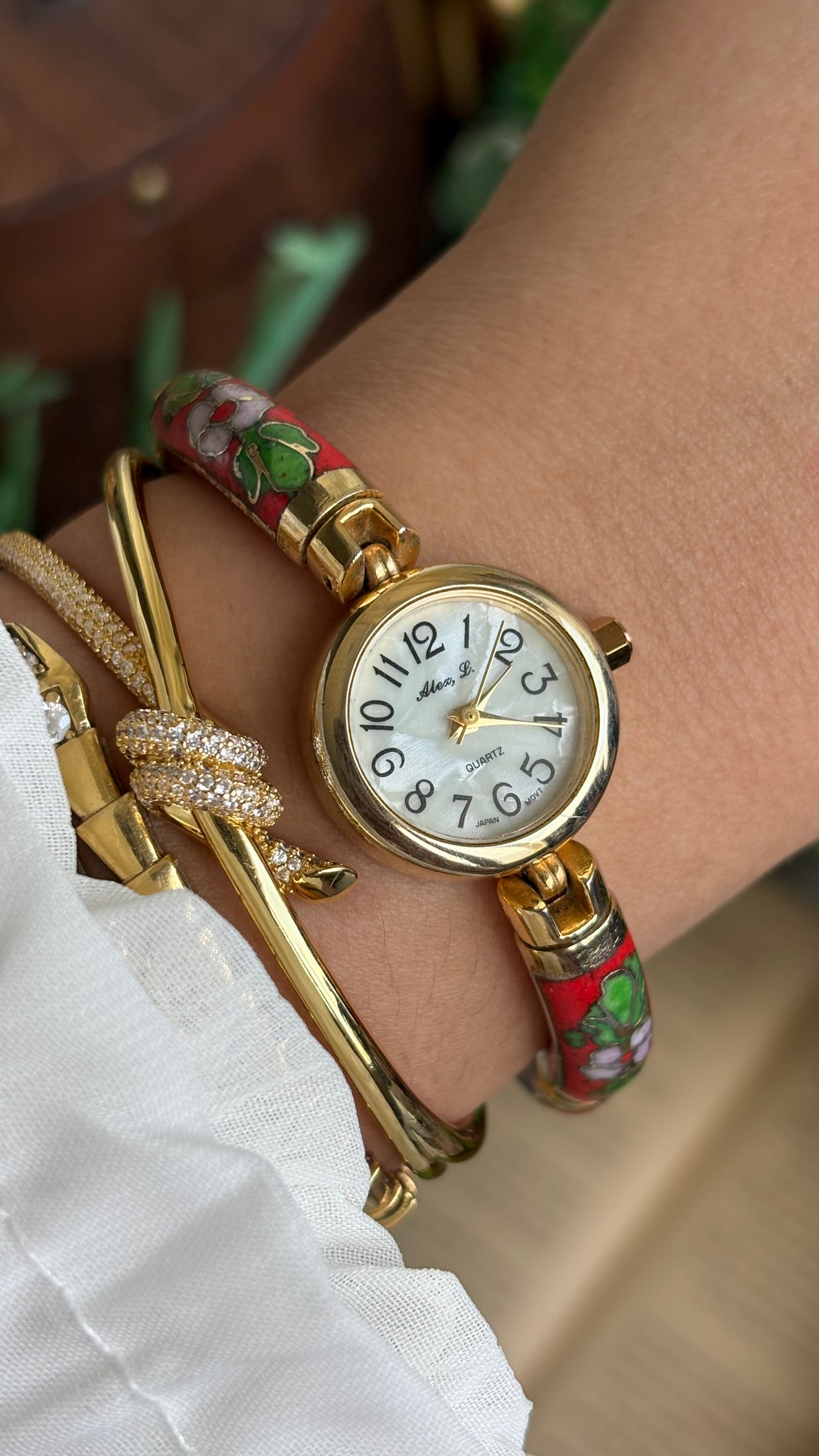 Extremely Rare Vintage L. Alex Cloisonné Watch in Gold Tone Pearl Dial Ancient Deco
