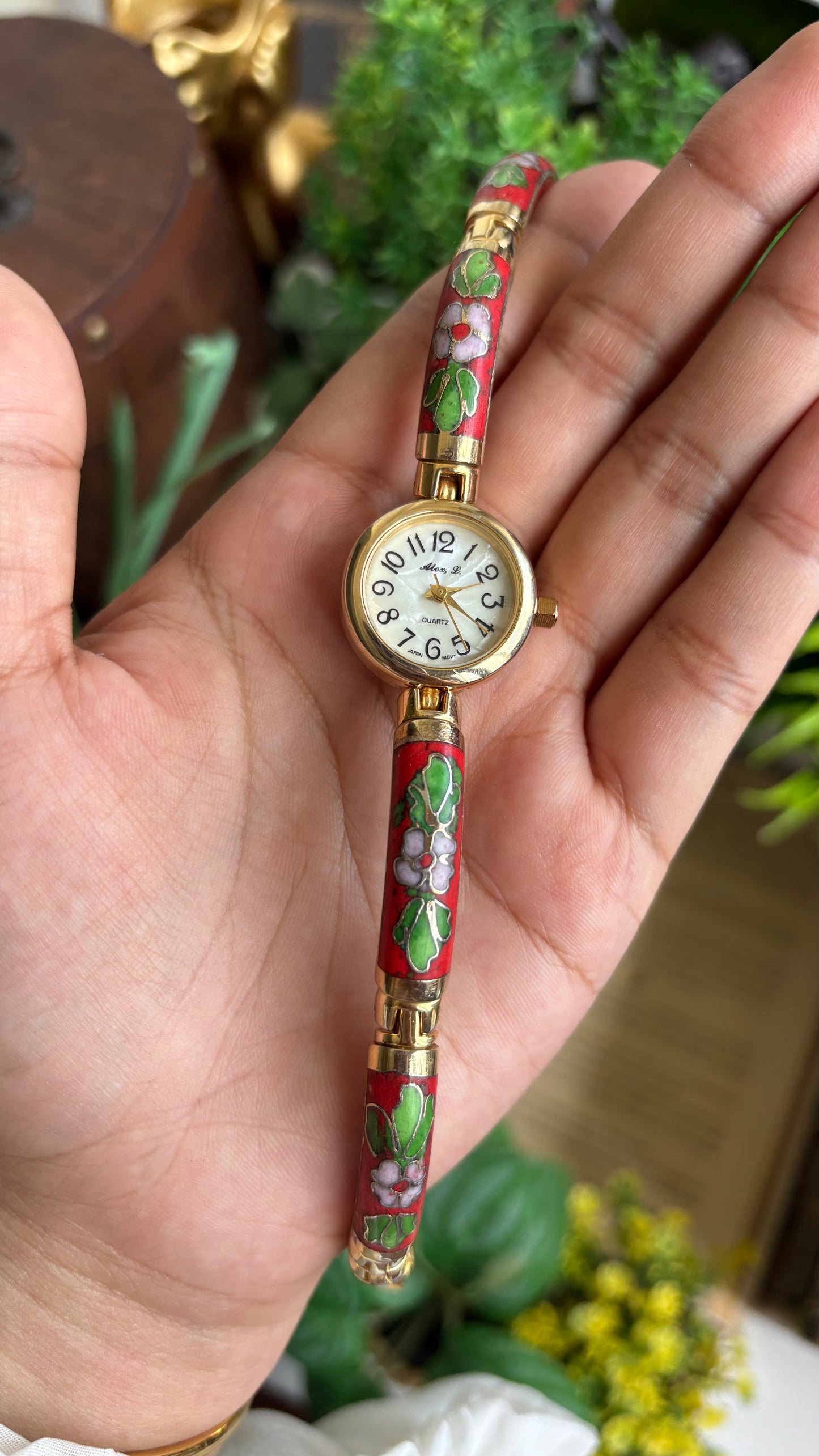 Extremely Rare Vintage L. Alex Cloisonné Watch in Gold Tone Pearl Dial Ancient Deco
