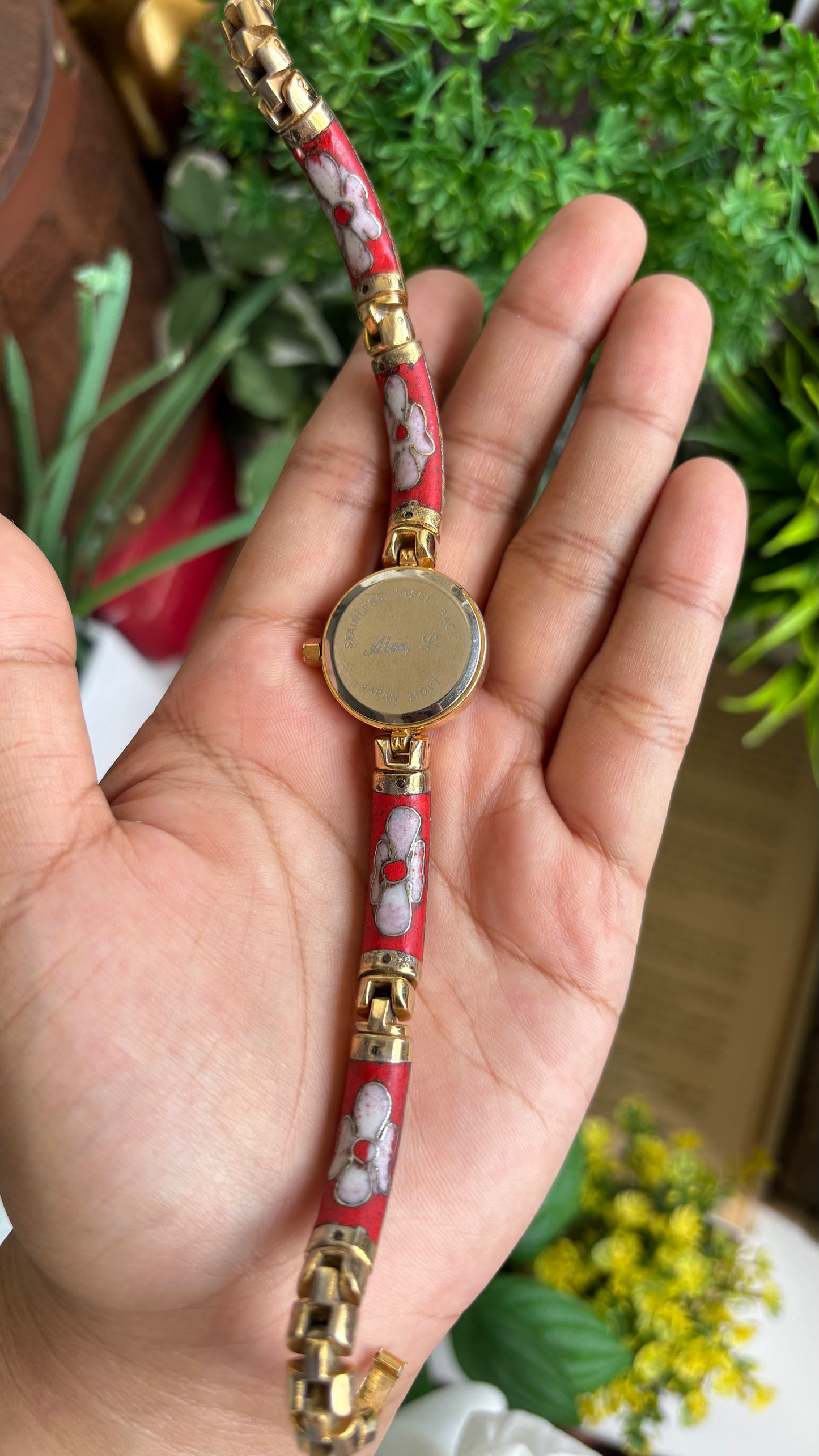 Extremely Rare Vintage L. Alex Cloisonné Watch in Gold Tone Pearl Dial Ancient Deco