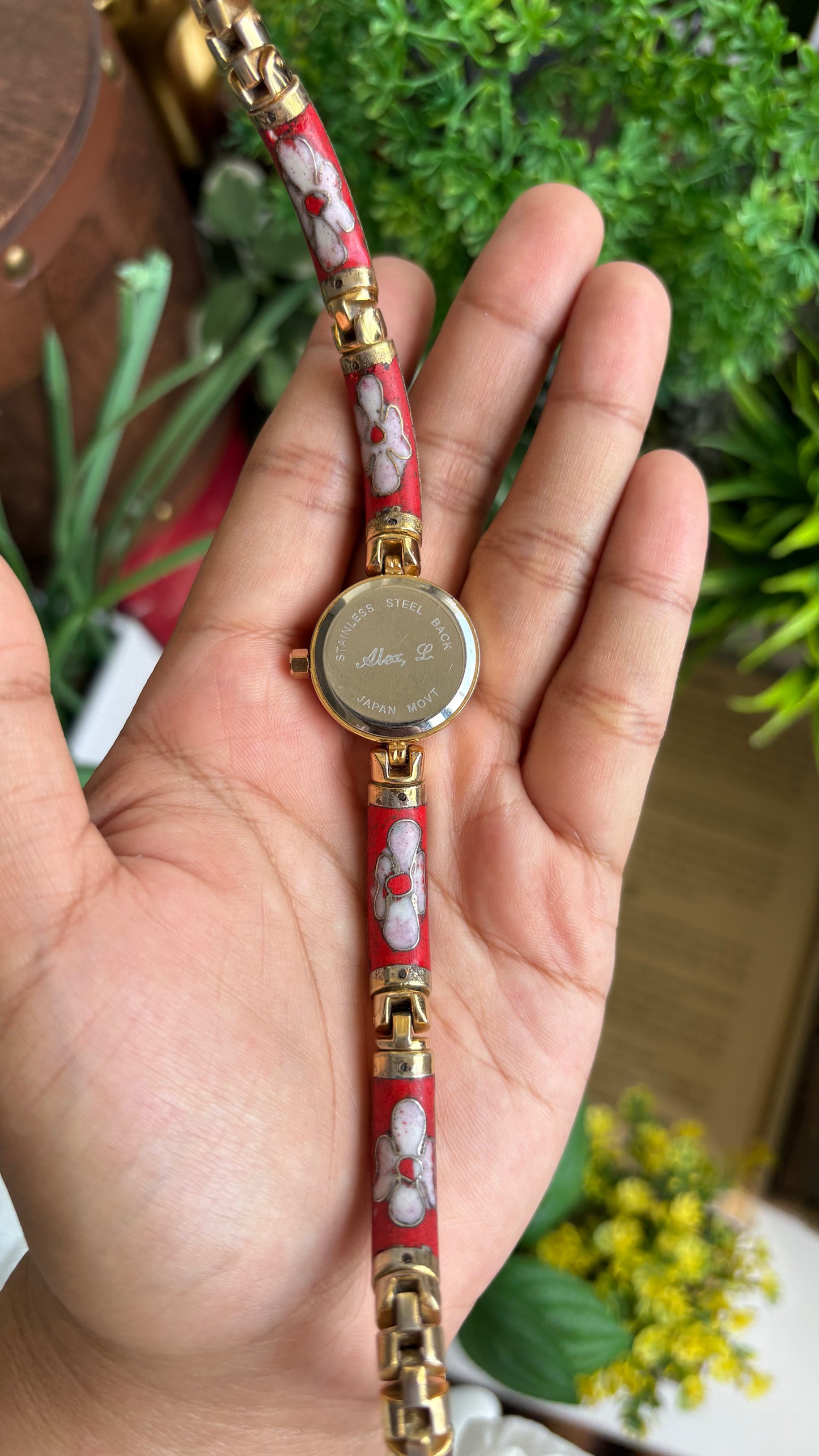 Extremely Rare Vintage L. Alex Cloisonné Watch in Gold Tone Pearl Dial Ancient Deco
