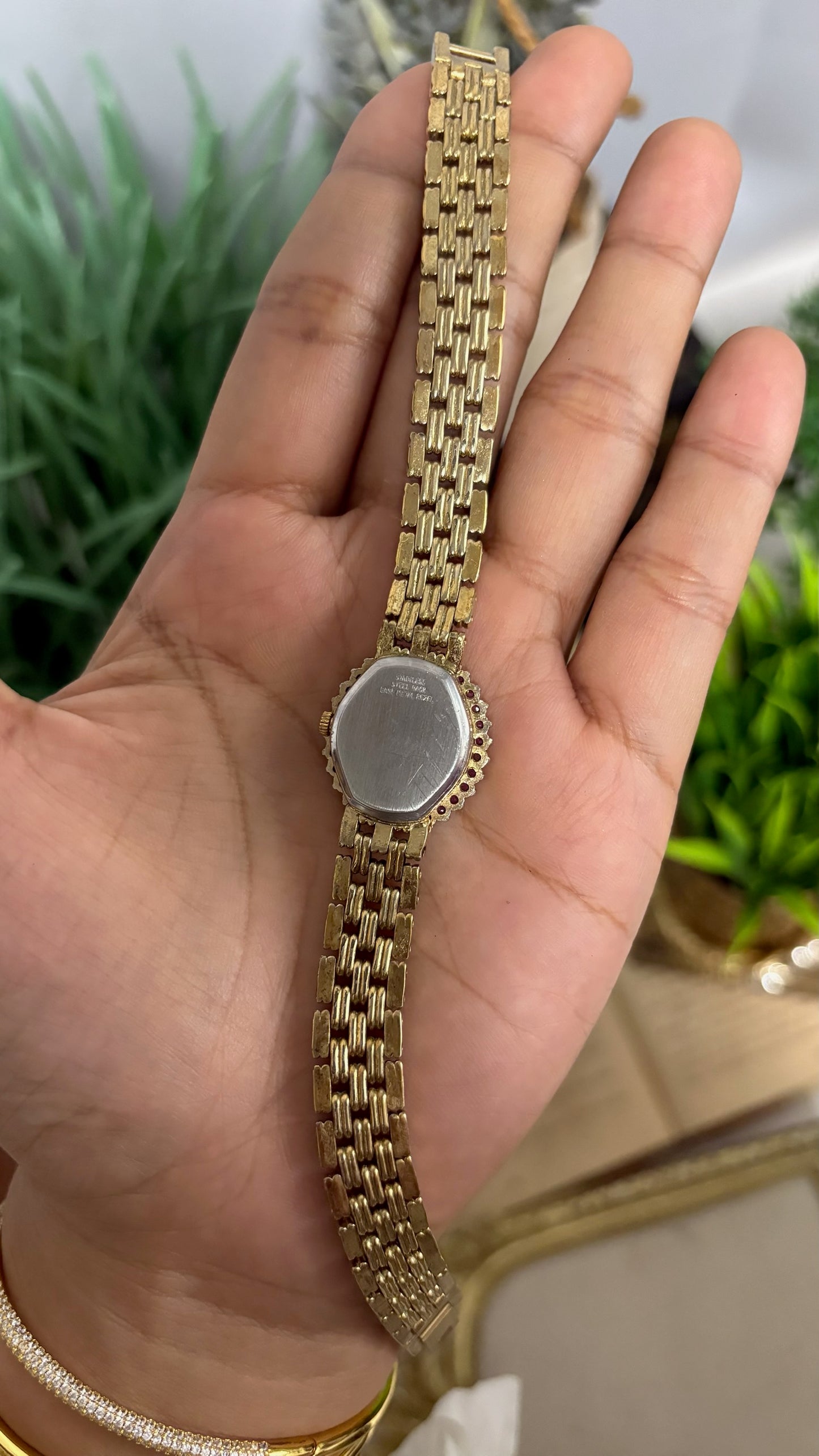 Vintage Belair Round Watch with Ruby and Crystal Halo Bezel and Gold Tone Linked Bracelet Quartz