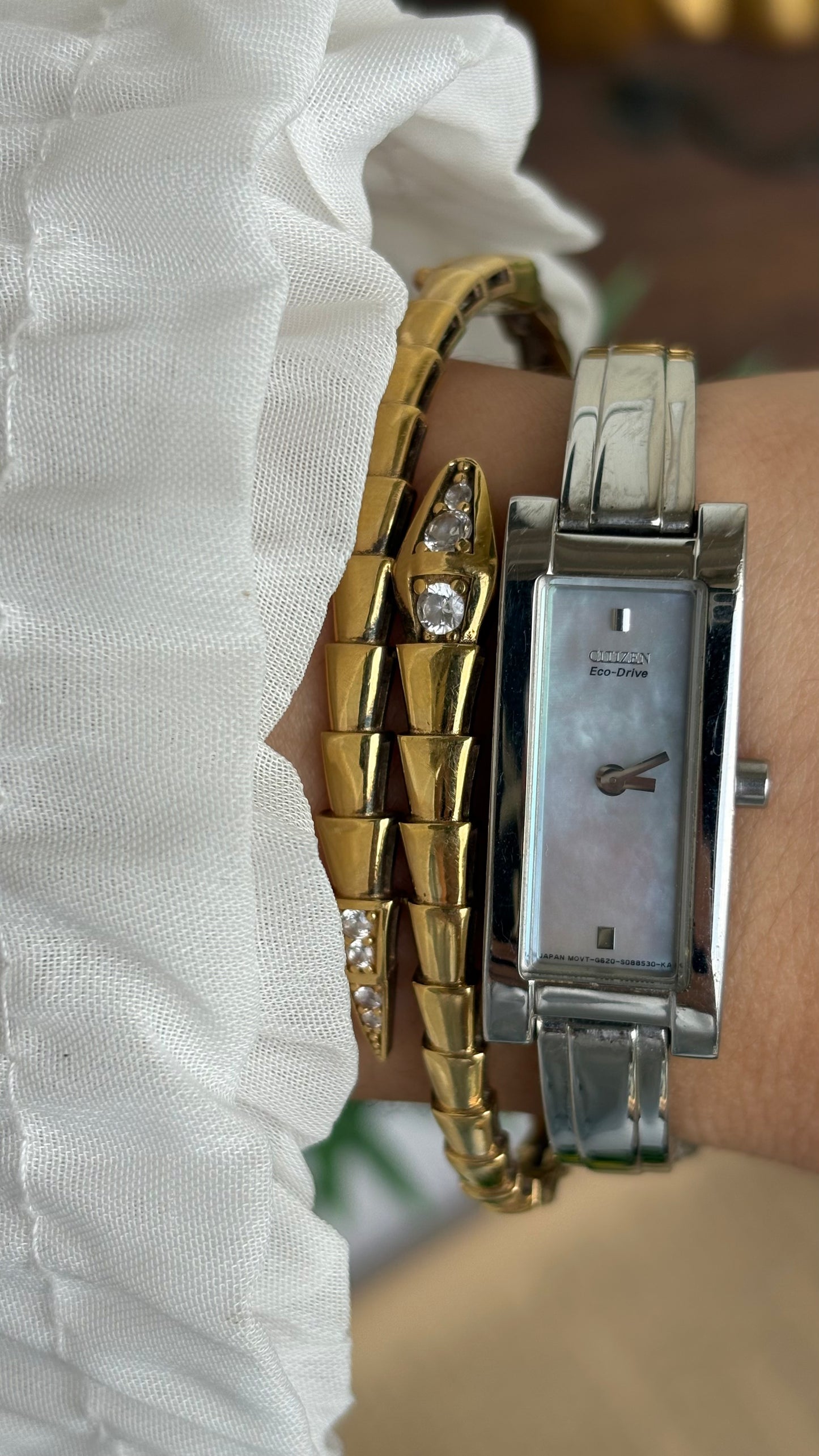 Extremely Rare and Slim Vintage Citizen Eco-Drive Solar Watch in Silver Tone Pearl Dial