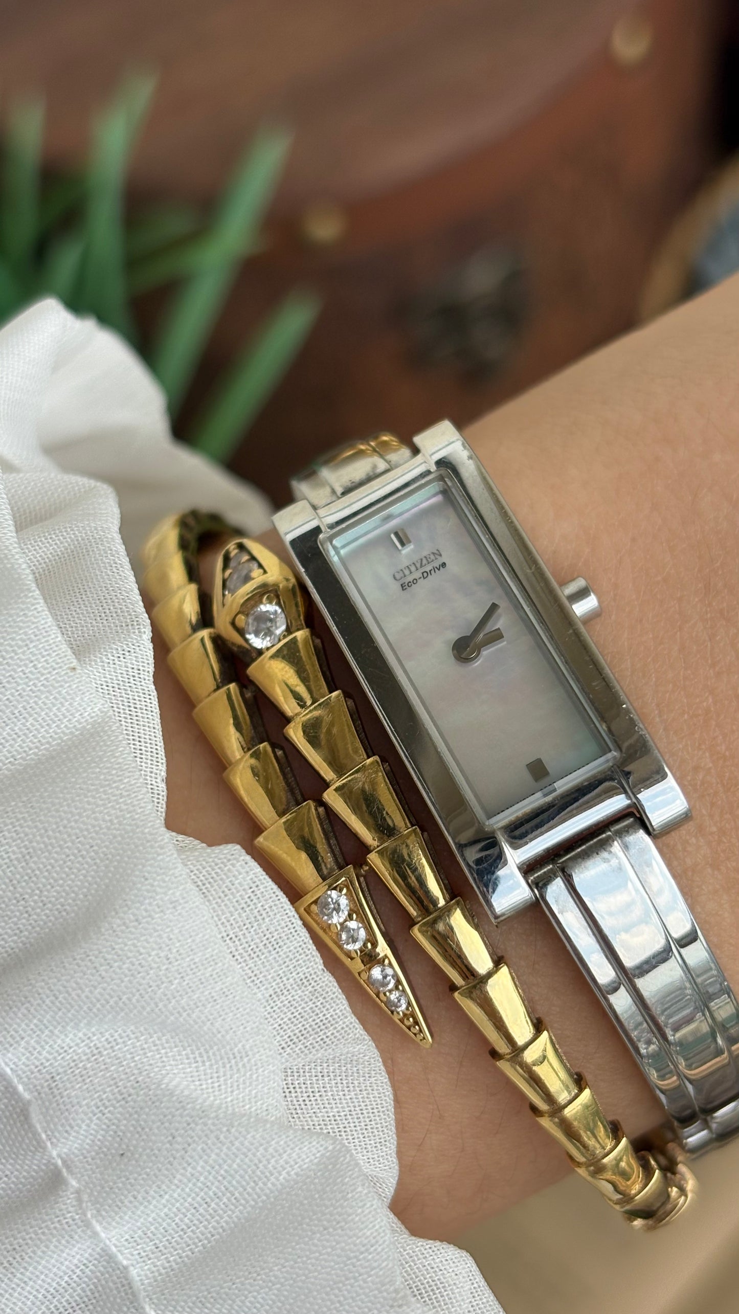 Extremely Rare and Slim Vintage Citizen Eco-Drive Solar Watch in Silver Tone Pearl Dial