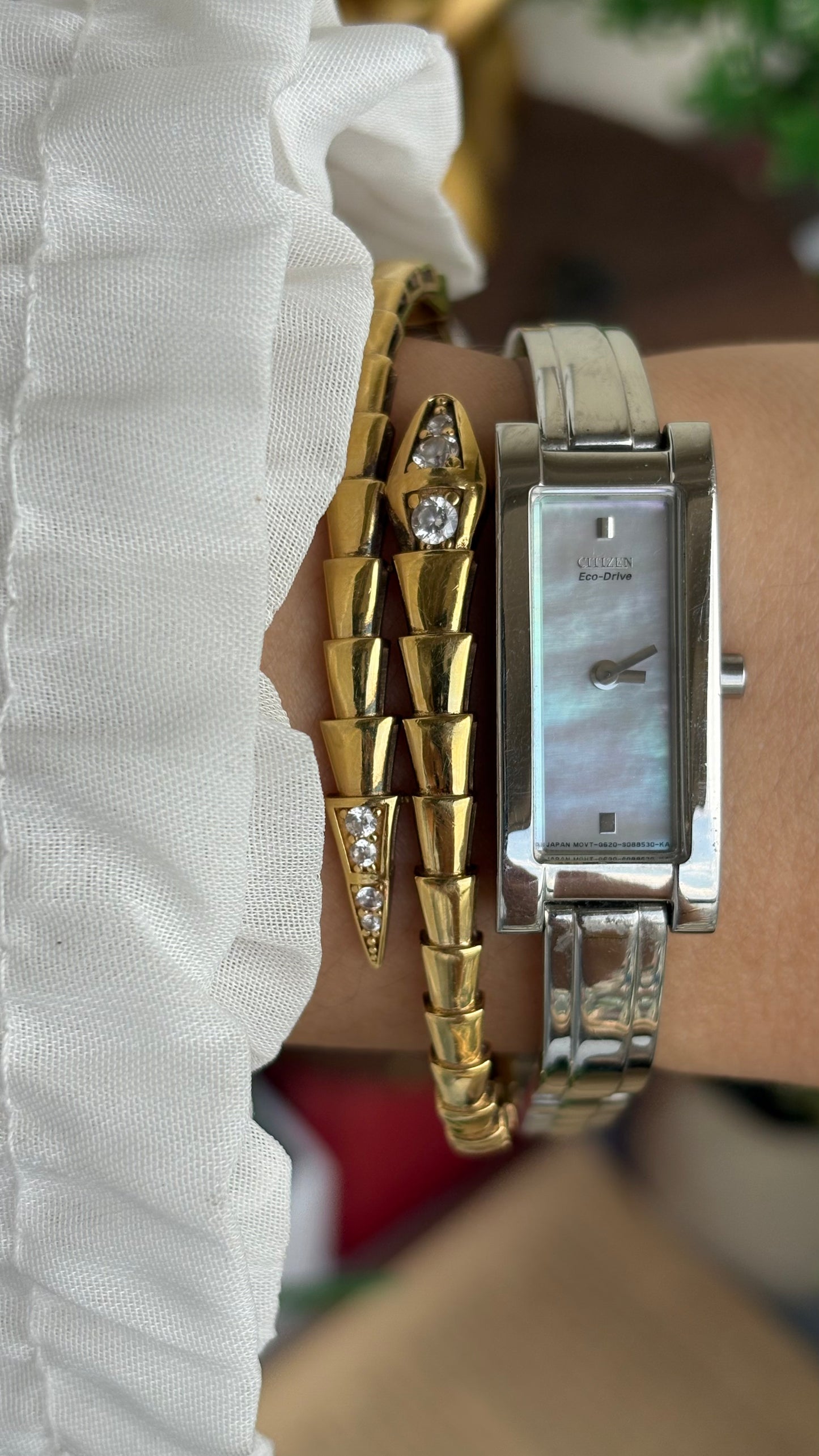 Extremely Rare and Slim Vintage Citizen Eco-Drive Solar Watch in Silver Tone Pearl Dial