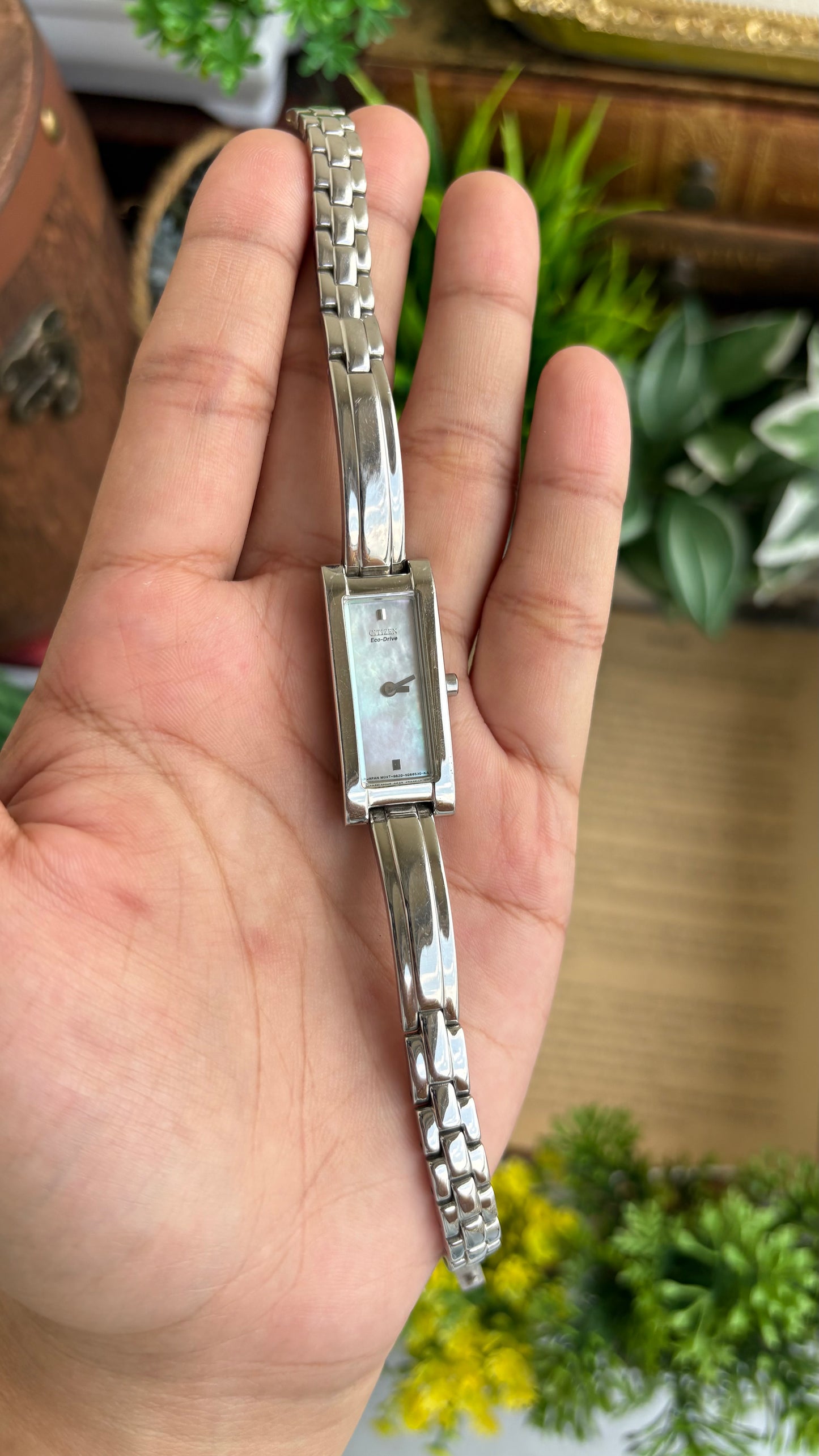 Extremely Rare and Slim Vintage Citizen Eco-Drive Solar Watch in Silver Tone Pearl Dial