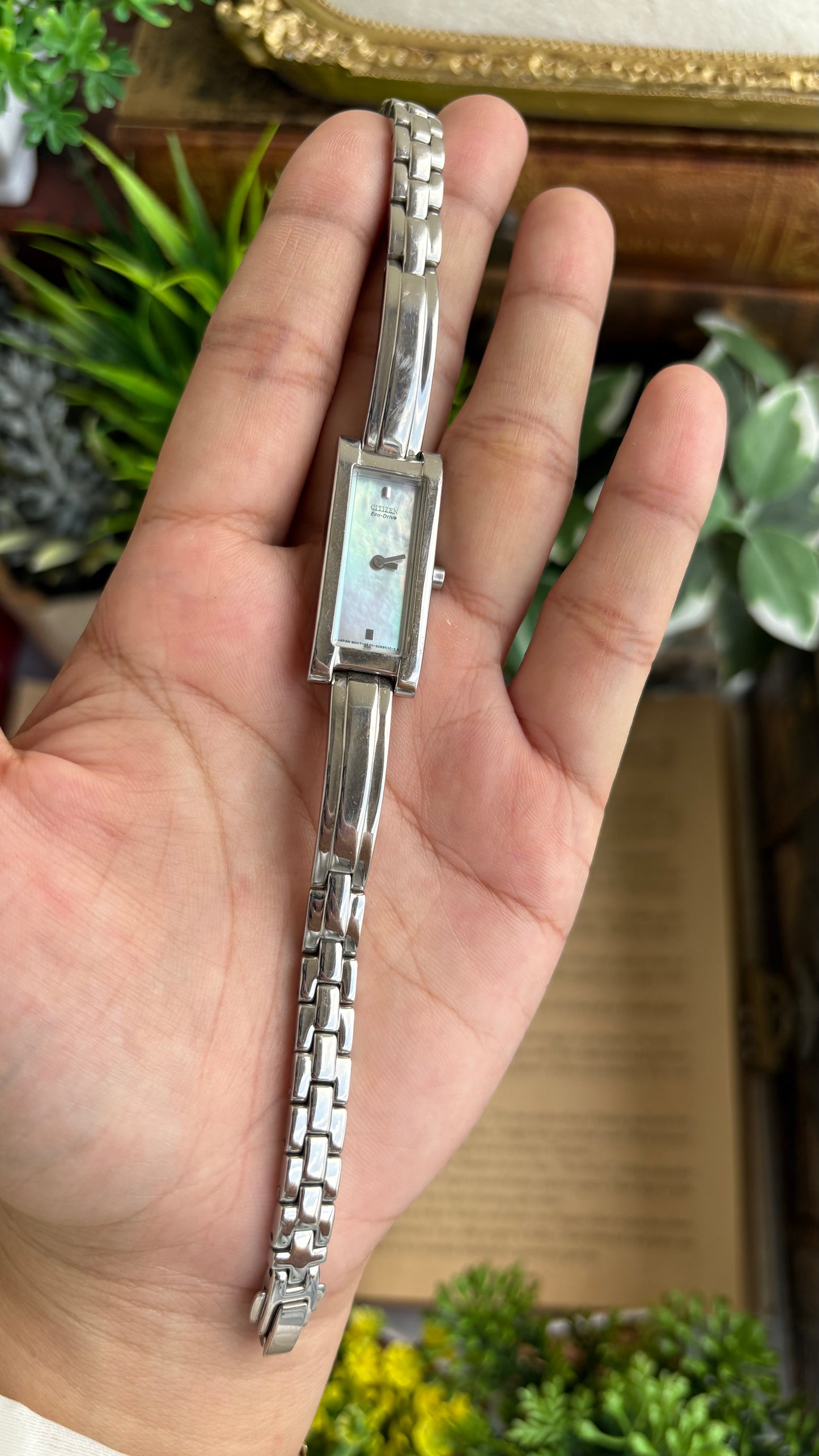 Extremely Rare and Slim Vintage Citizen Eco-Drive Solar Watch in Silver Tone Pearl Dial