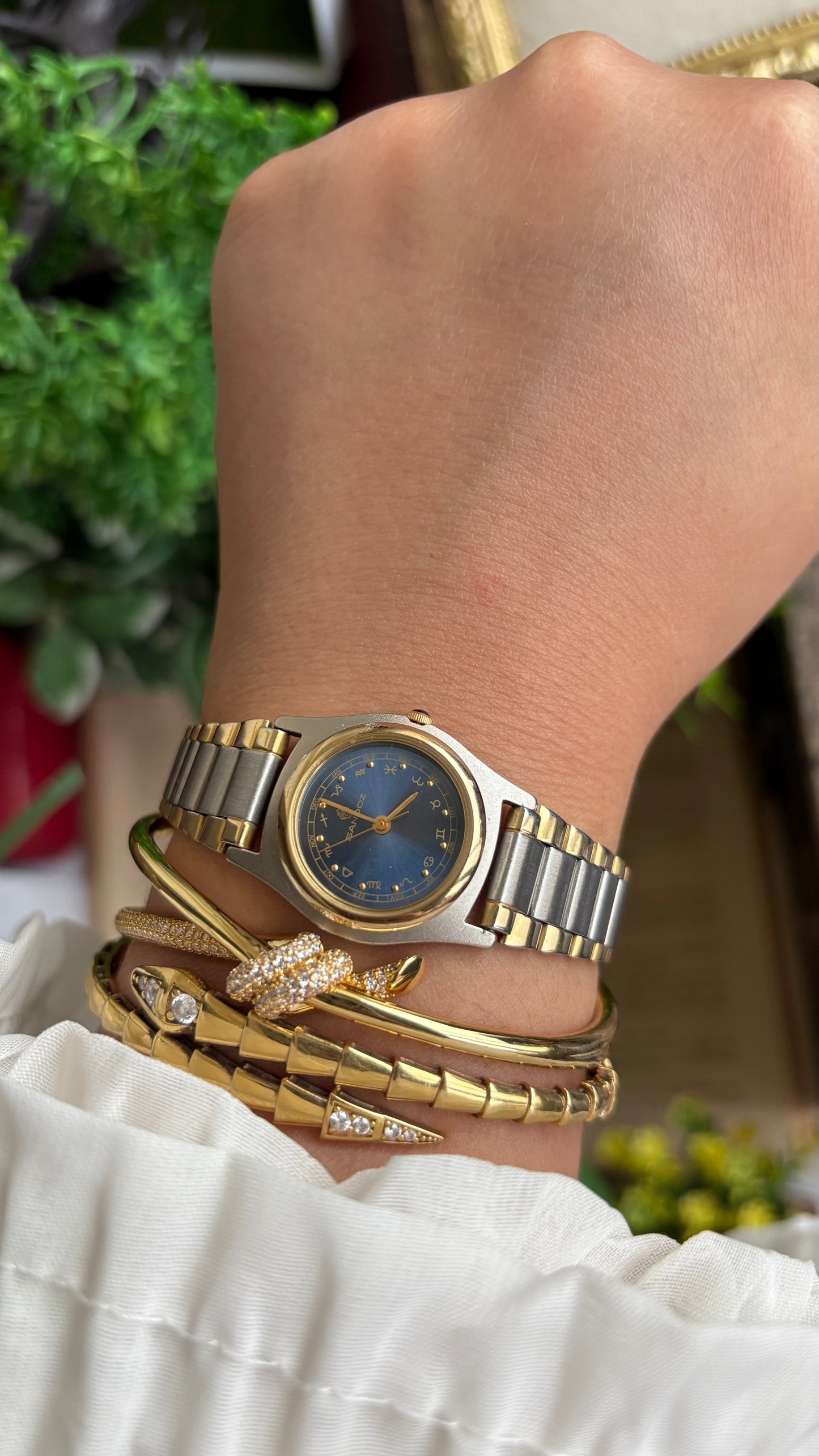 Extremely Rare Vintage Sandoz Watch in Two-Tone Zodiac Sign Calendar Blue Dial
