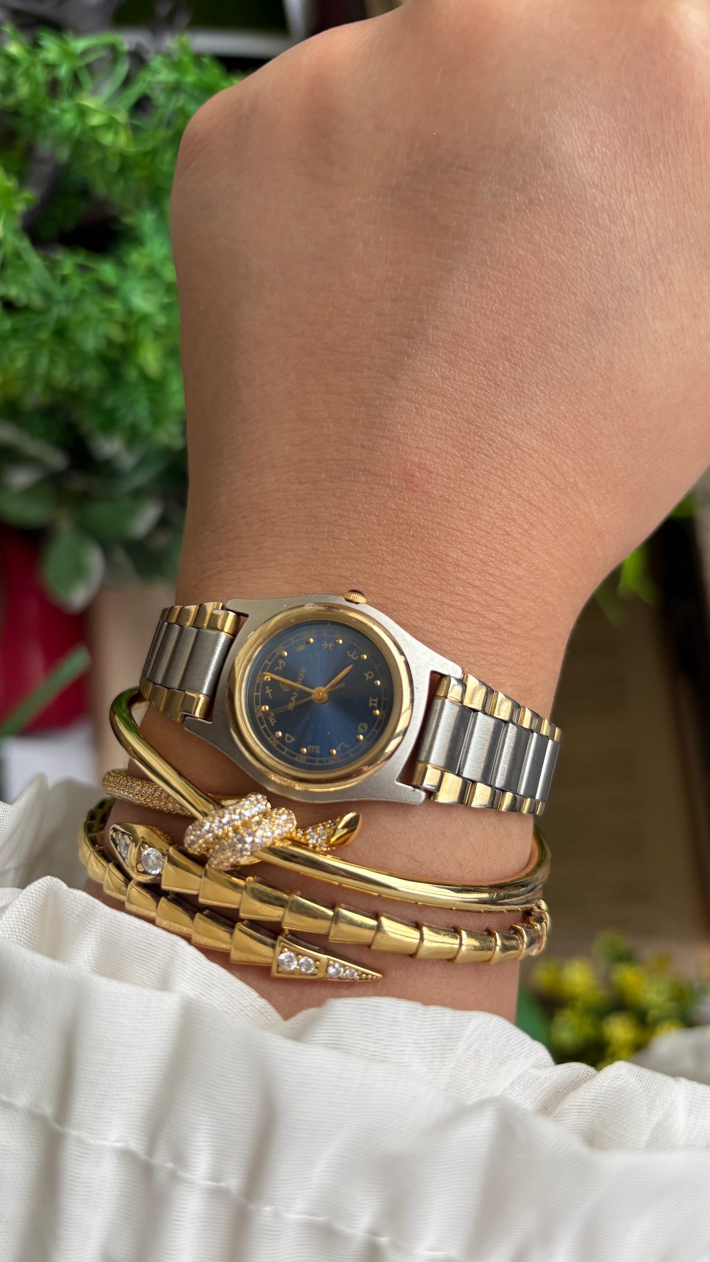 Extremely Rare Vintage Sandoz Watch in Two-Tone Zodiac Sign Calendar Blue Dial