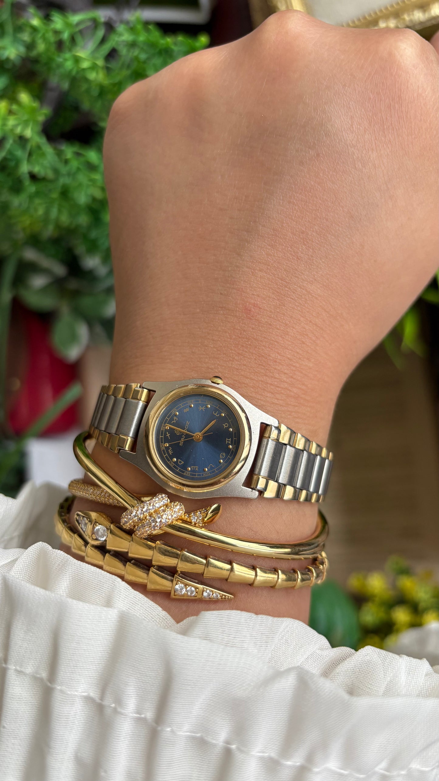 Extremely Rare Vintage Sandoz Watch in Two-Tone Zodiac Sign Calendar Blue Dial
