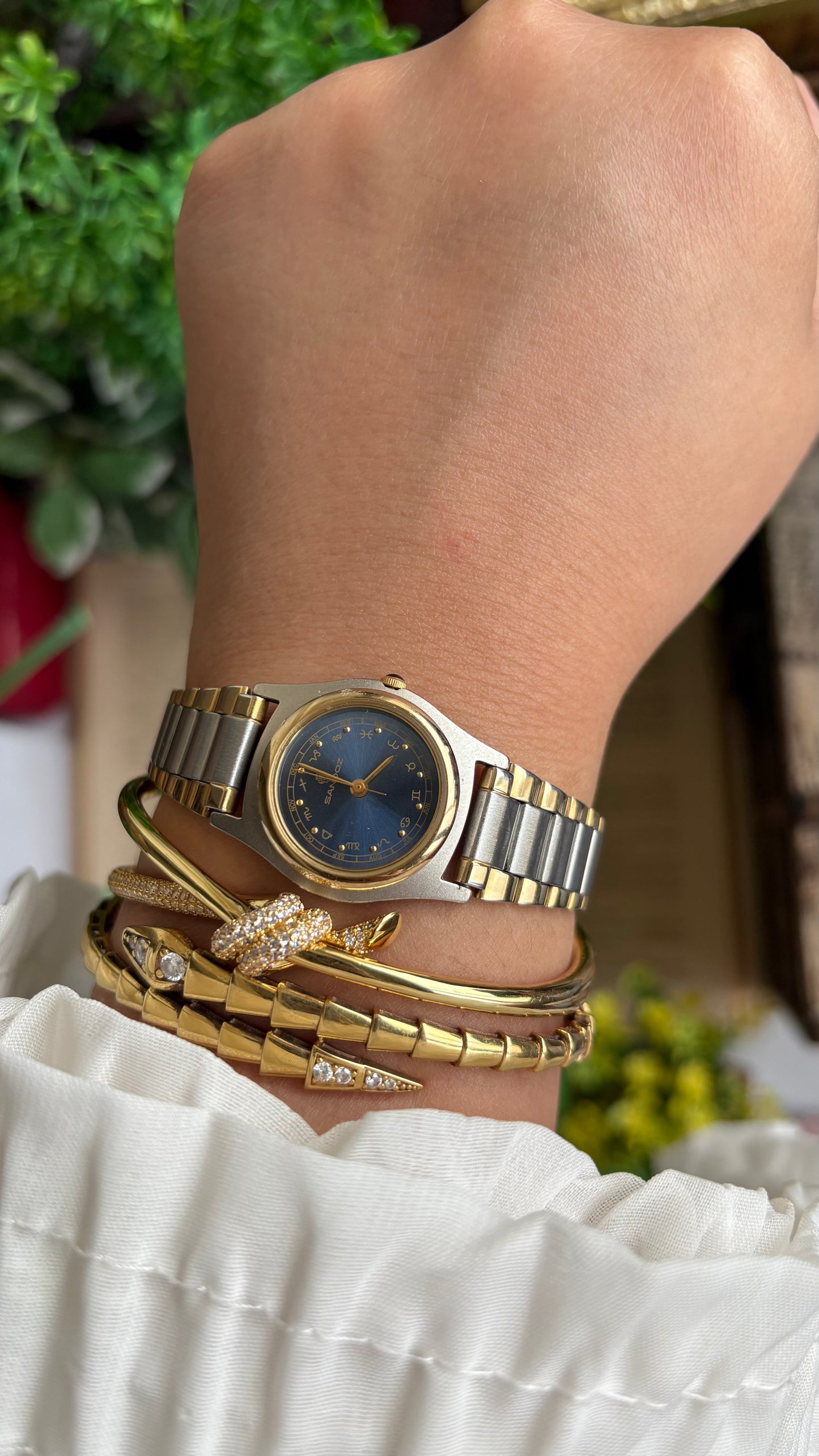Extremely Rare Vintage Sandoz Watch in Two-Tone Zodiac Sign Calendar Blue Dial