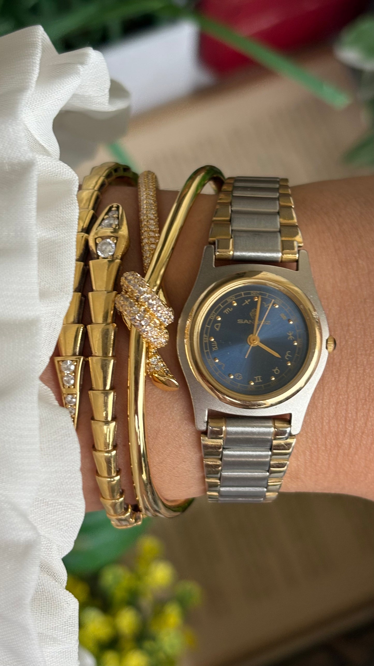Extremely Rare Vintage Sandoz Watch in Two-Tone Zodiac Sign Calendar Blue Dial