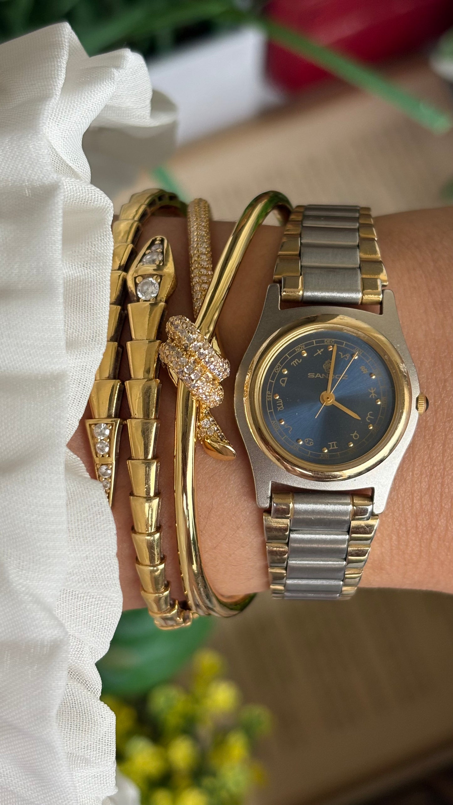 Extremely Rare Vintage Sandoz Watch in Two-Tone Zodiac Sign Calendar Blue Dial