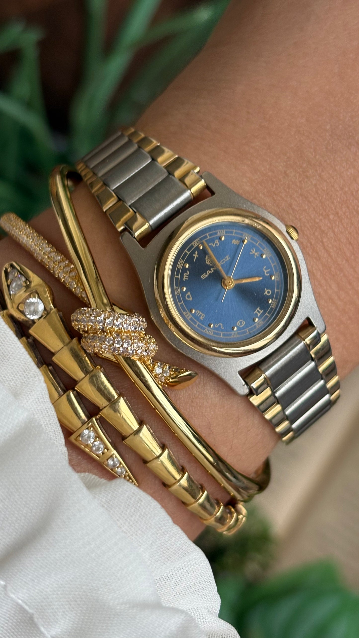 Extremely Rare Vintage Sandoz Watch in Two-Tone Zodiac Sign Calendar Blue Dial