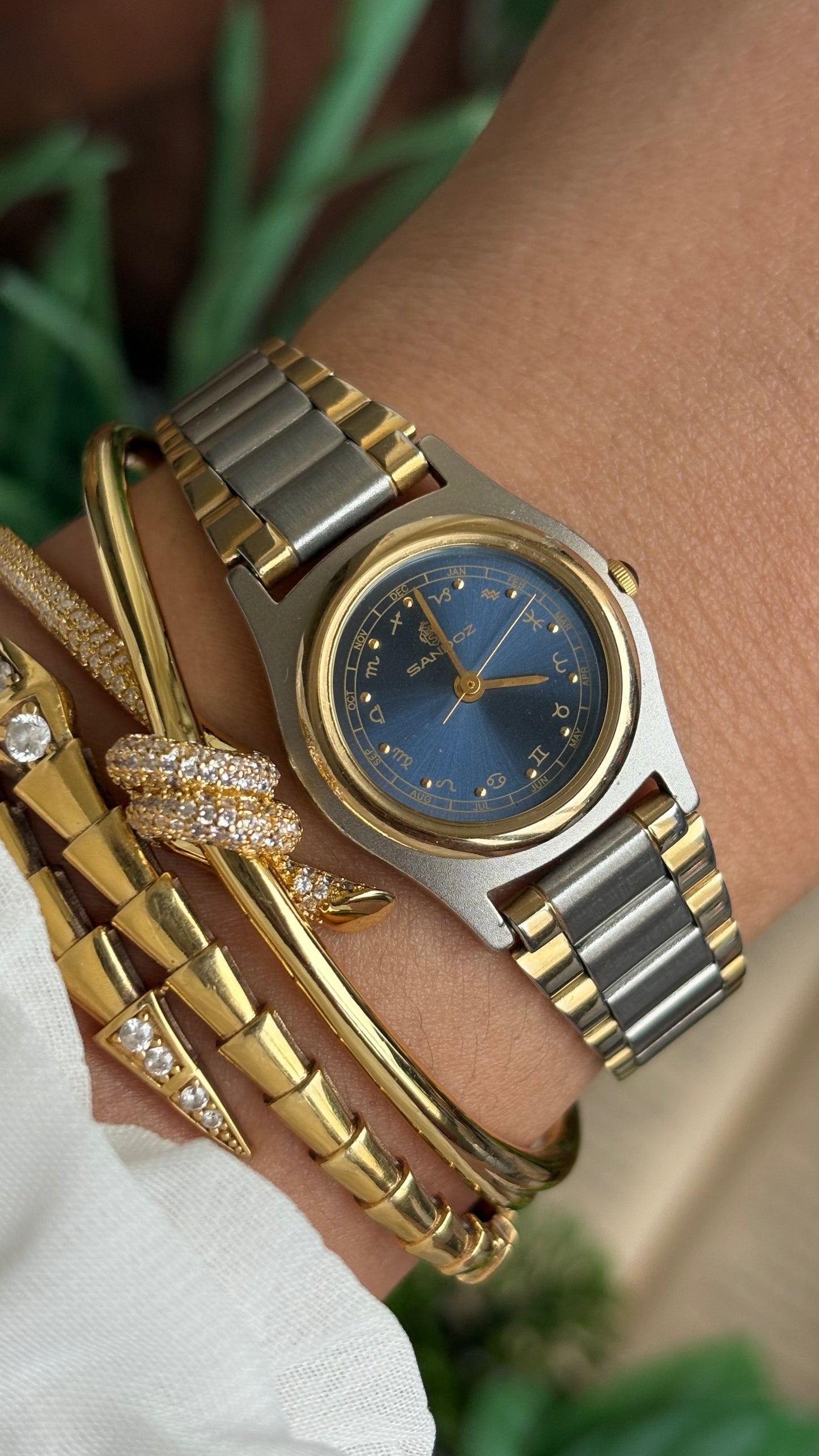Extremely Rare Vintage Sandoz Watch in Two-Tone Zodiac Sign Calendar Blue Dial