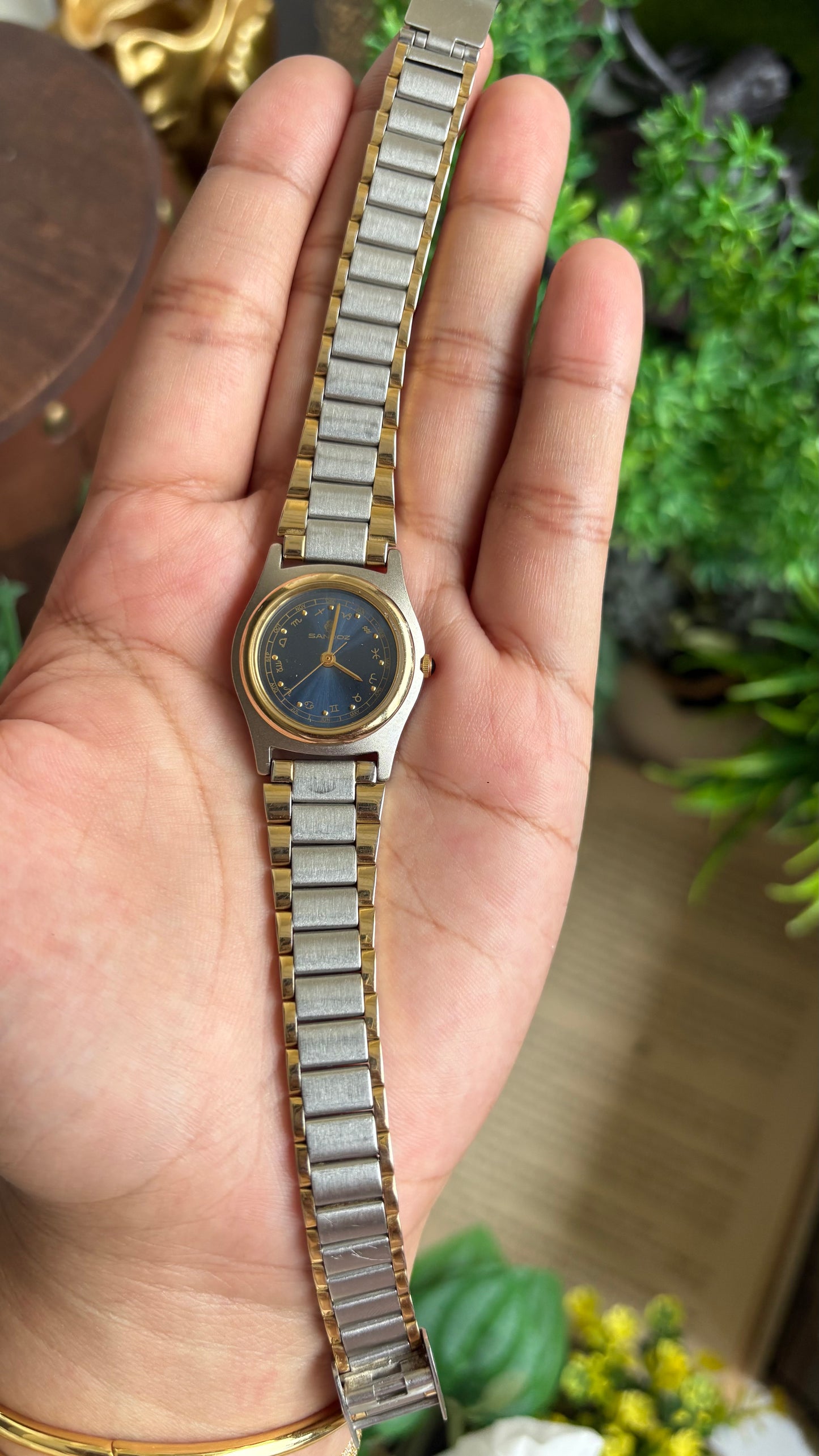 Extremely Rare Vintage Sandoz Watch in Two-Tone Zodiac Sign Calendar Blue Dial