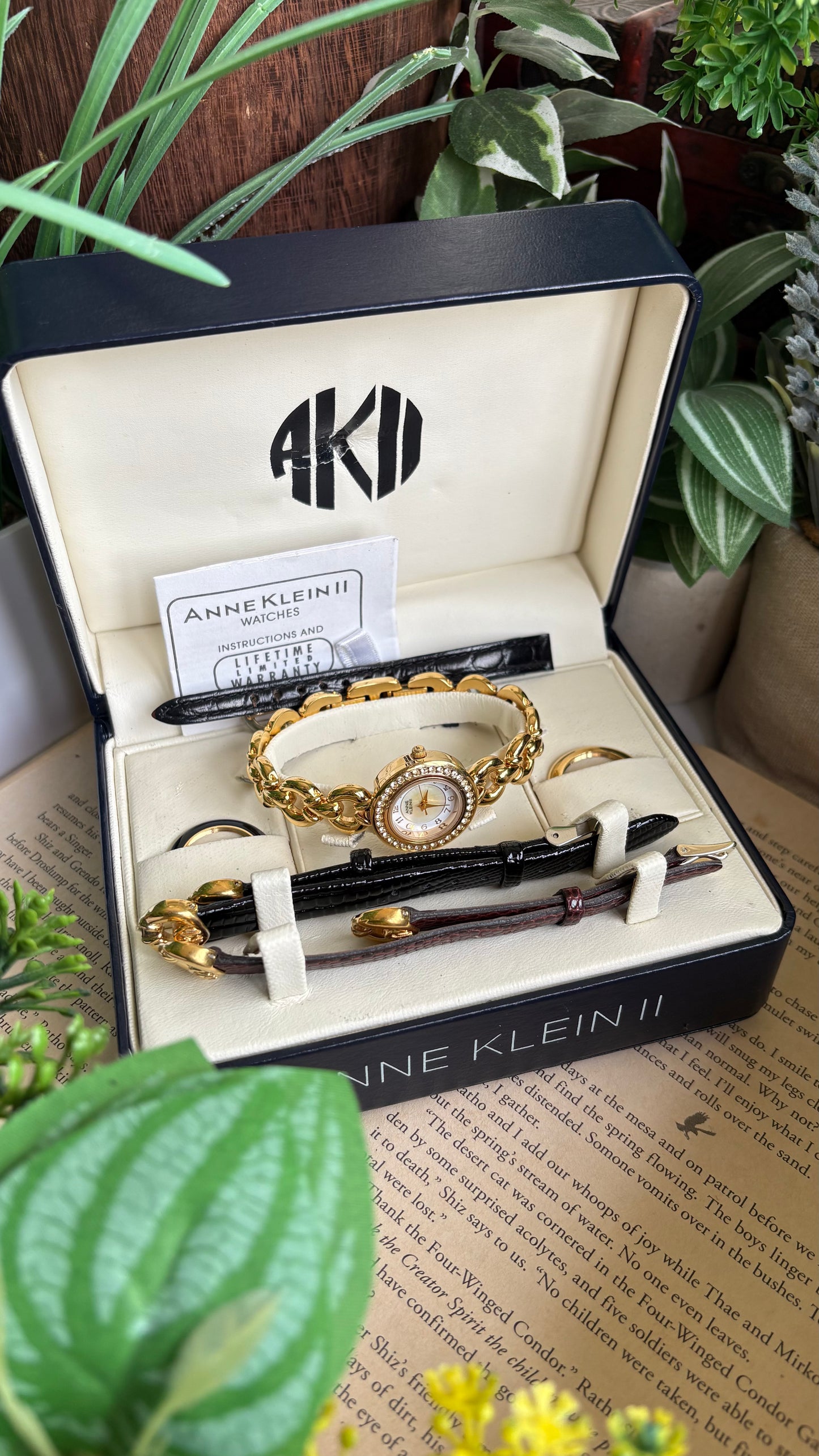Vintage Anne Klein II Interchangeable Bezel Set Watch in Gold Tone and Two Leather Straps