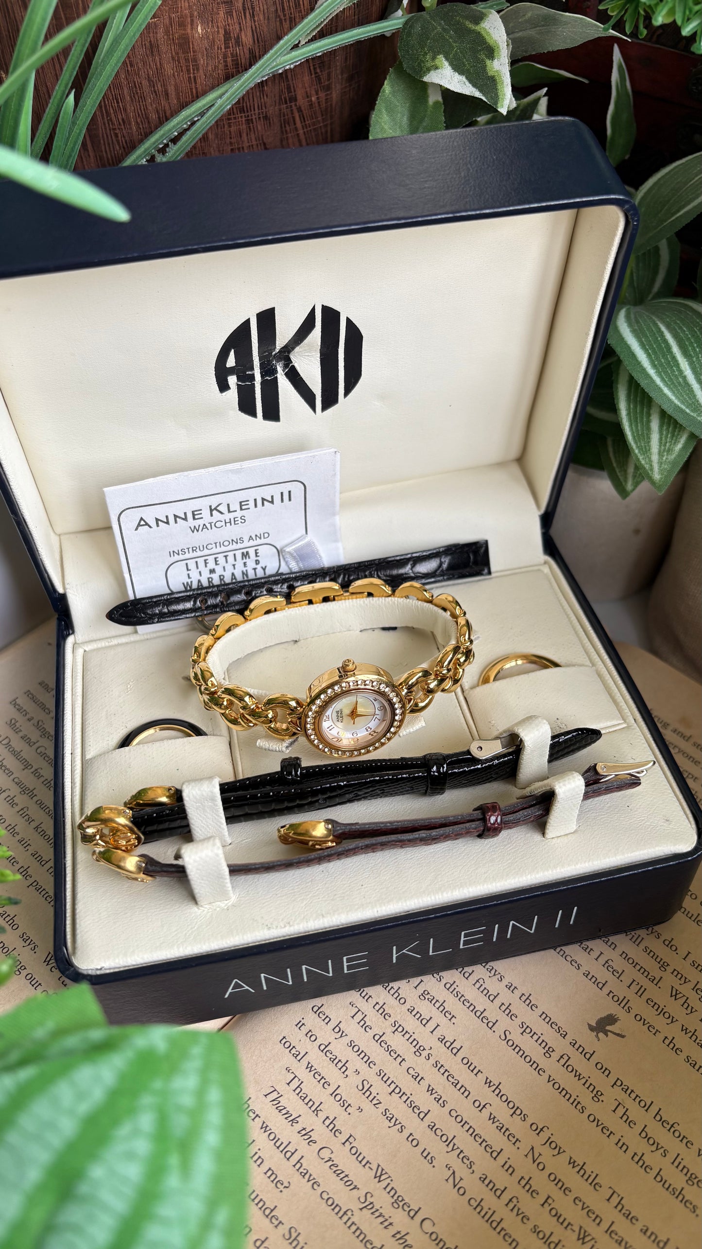Vintage Anne Klein II Interchangeable Bezel Set Watch in Gold Tone and Two Leather Straps