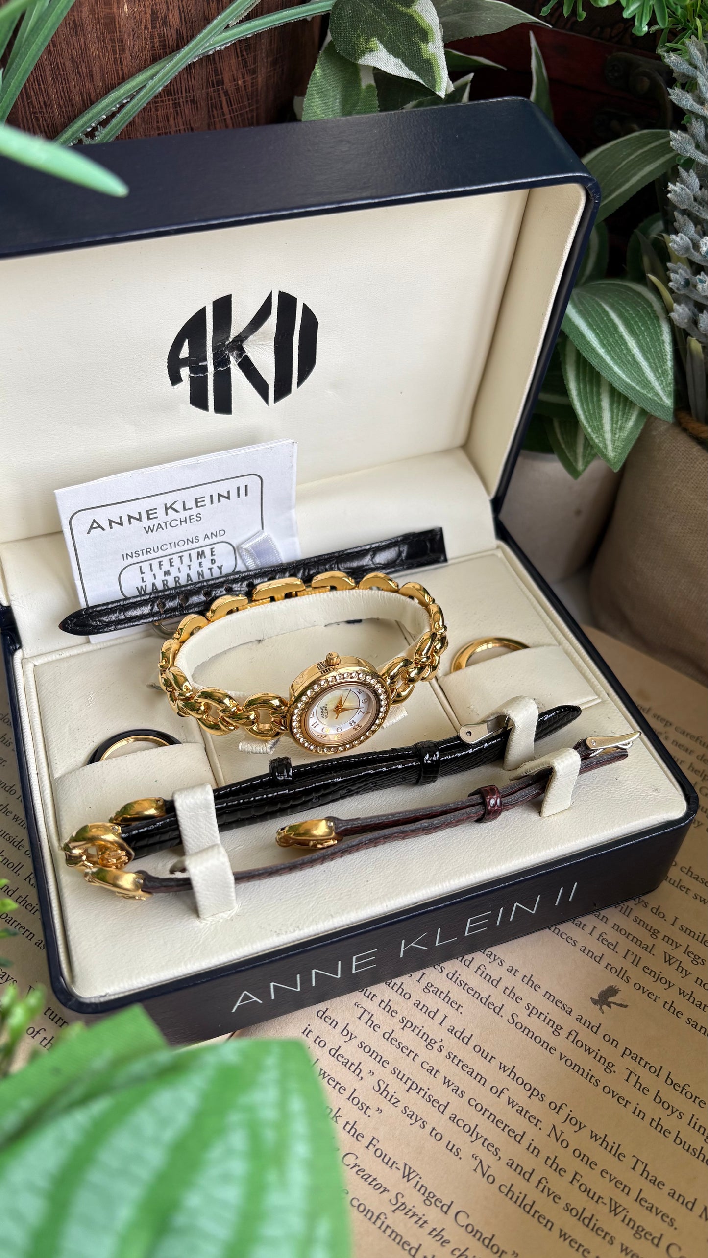 Vintage Anne Klein II Interchangeable Bezel Set Watch in Gold Tone and Two Leather Straps