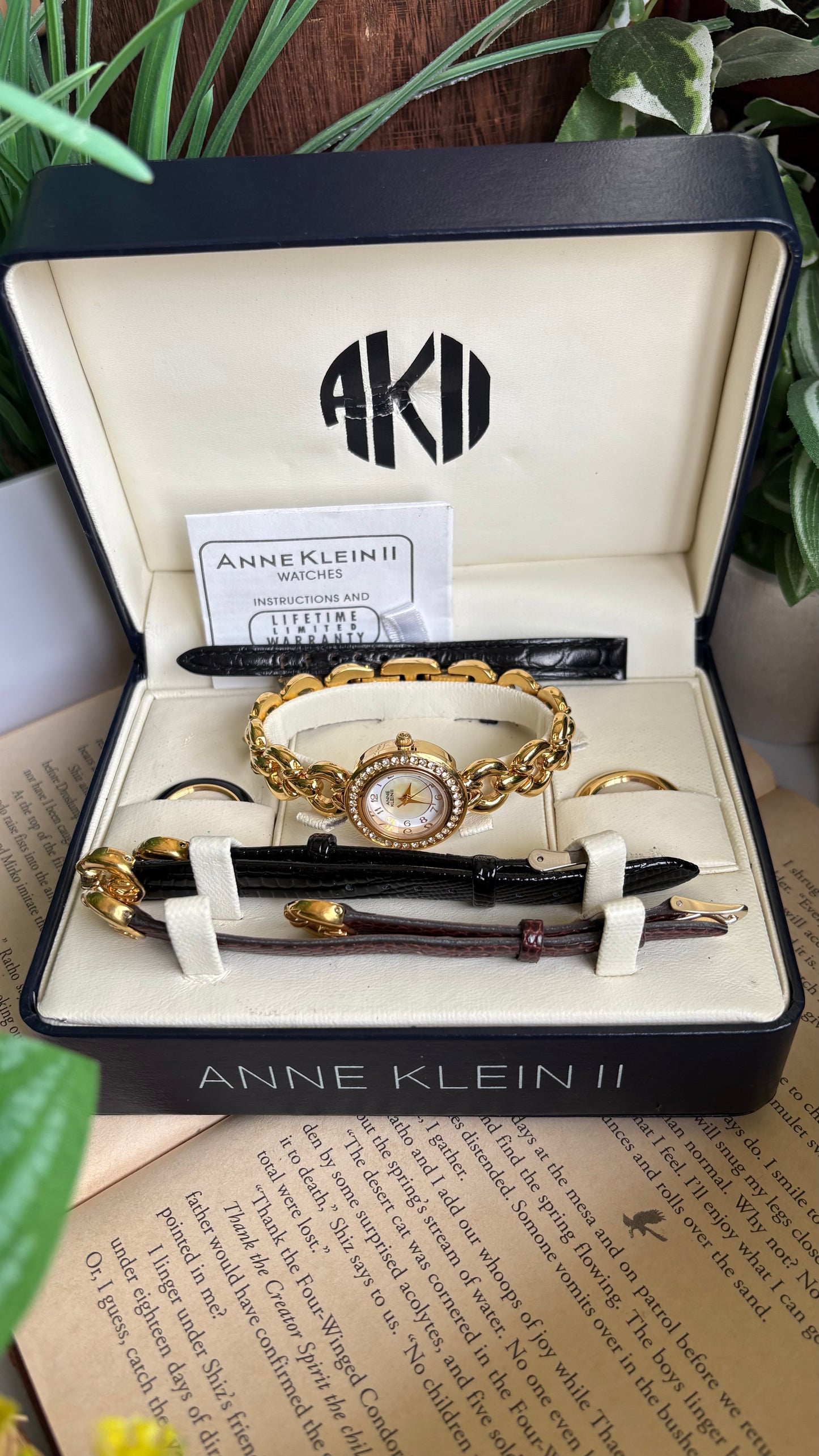 Vintage Anne Klein II Interchangeable Bezel Set Watch in Gold Tone and Two Leather Straps