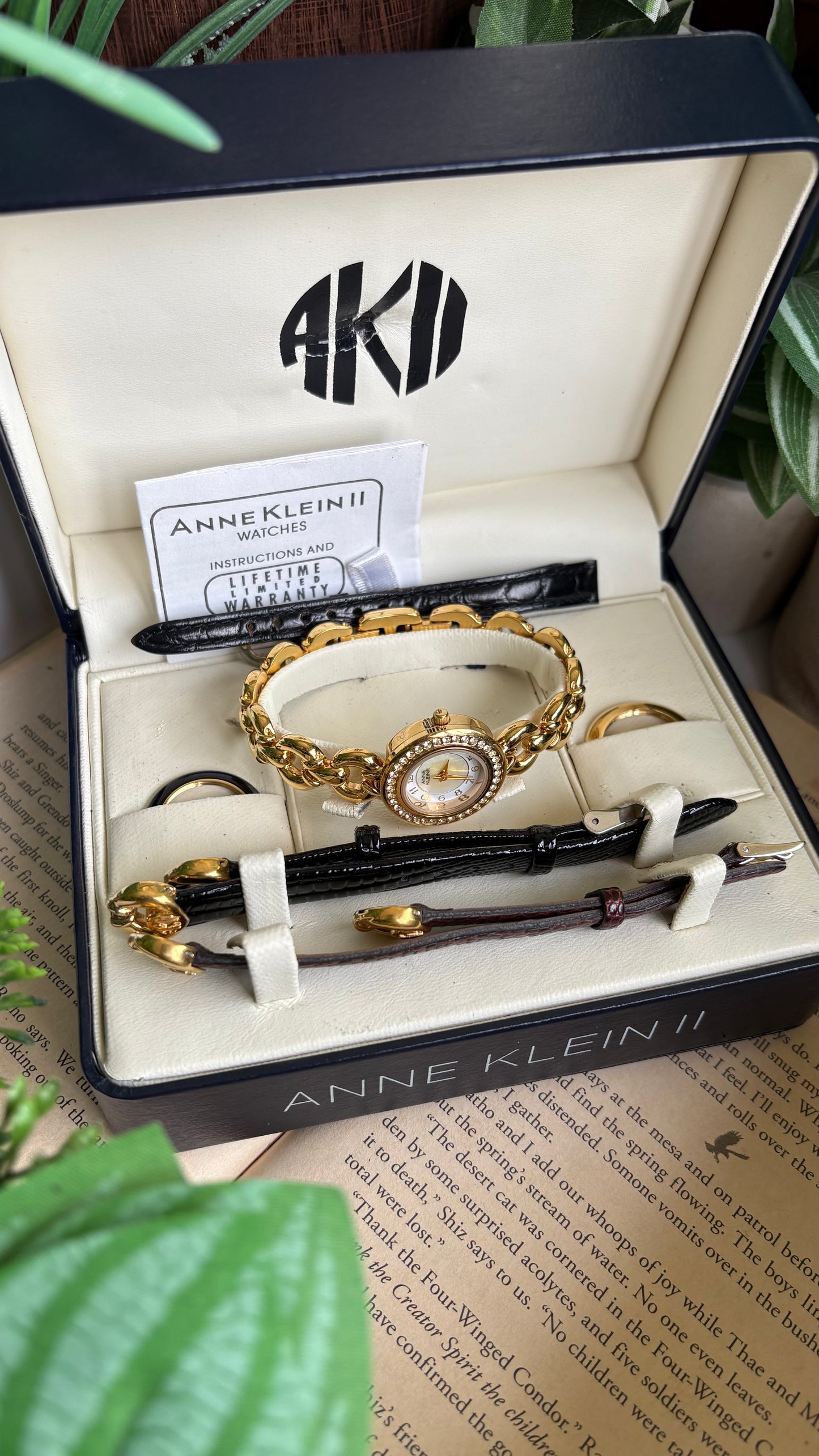 Vintage Anne Klein II Interchangeable Bezel Set Watch in Gold Tone and Two Leather Straps