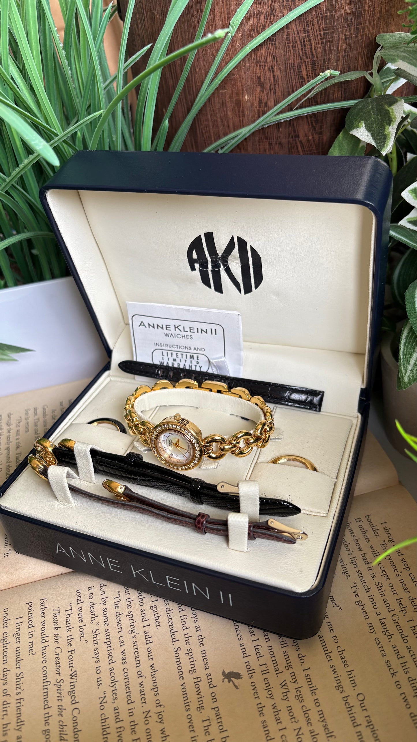 Vintage Anne Klein II Interchangeable Bezel Set Watch in Gold Tone and Two Leather Straps