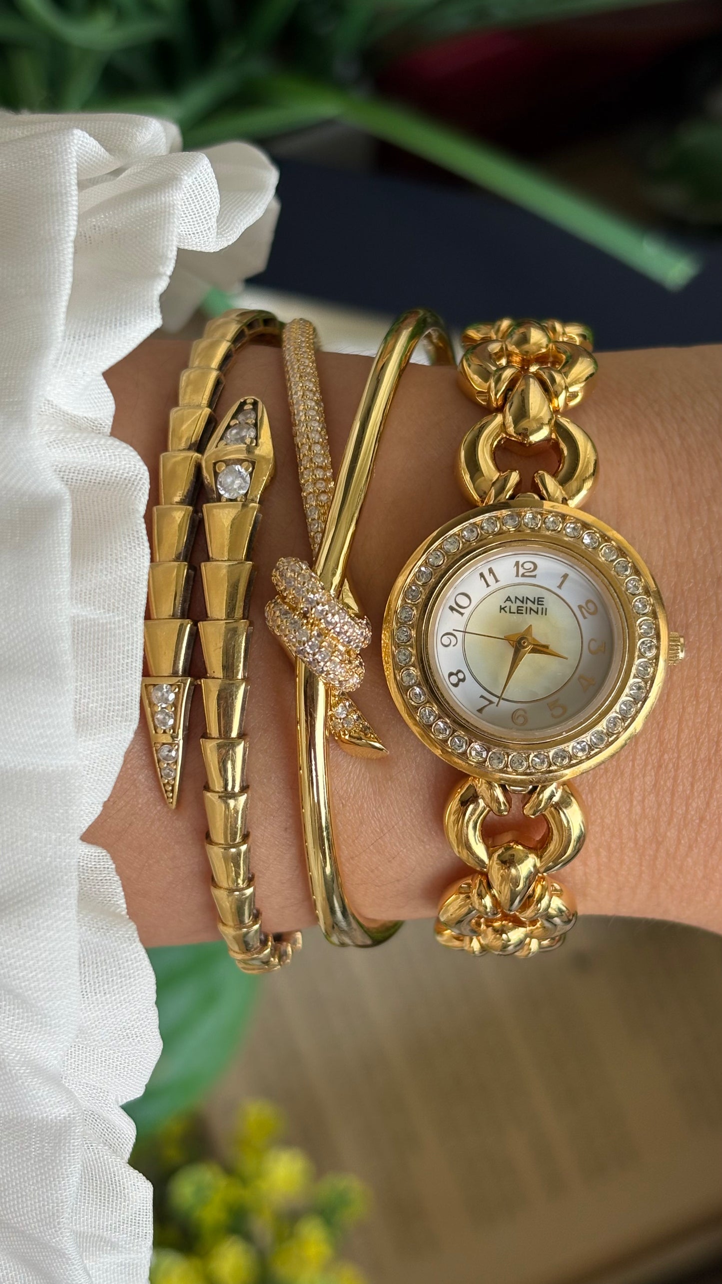 Vintage Anne Klein II Interchangeable Bezel Set Watch in Gold Tone and Two Leather Straps