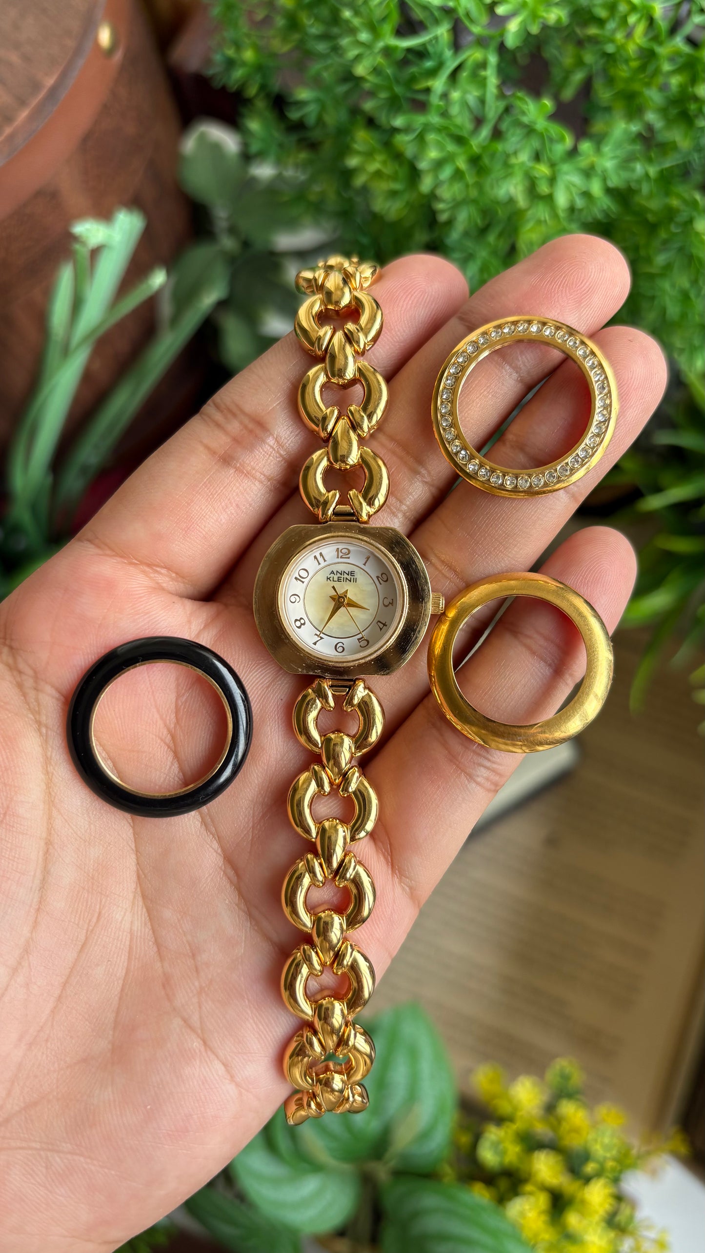 Vintage Anne Klein II Interchangeable Bezel Set Watch in Gold Tone and Two Leather Straps
