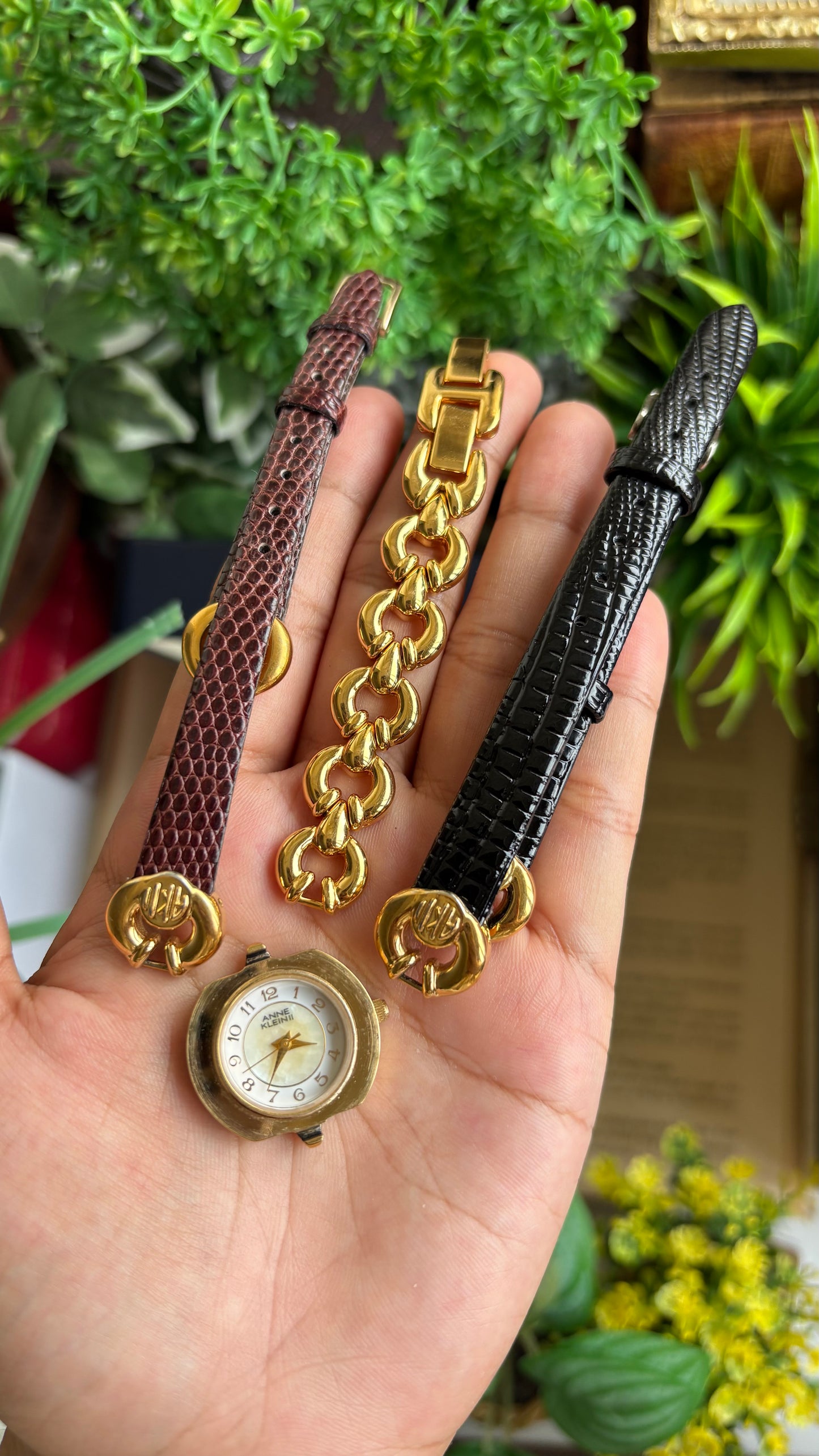 Vintage Anne Klein II Interchangeable Bezel Set Watch in Gold Tone and Two Leather Straps
