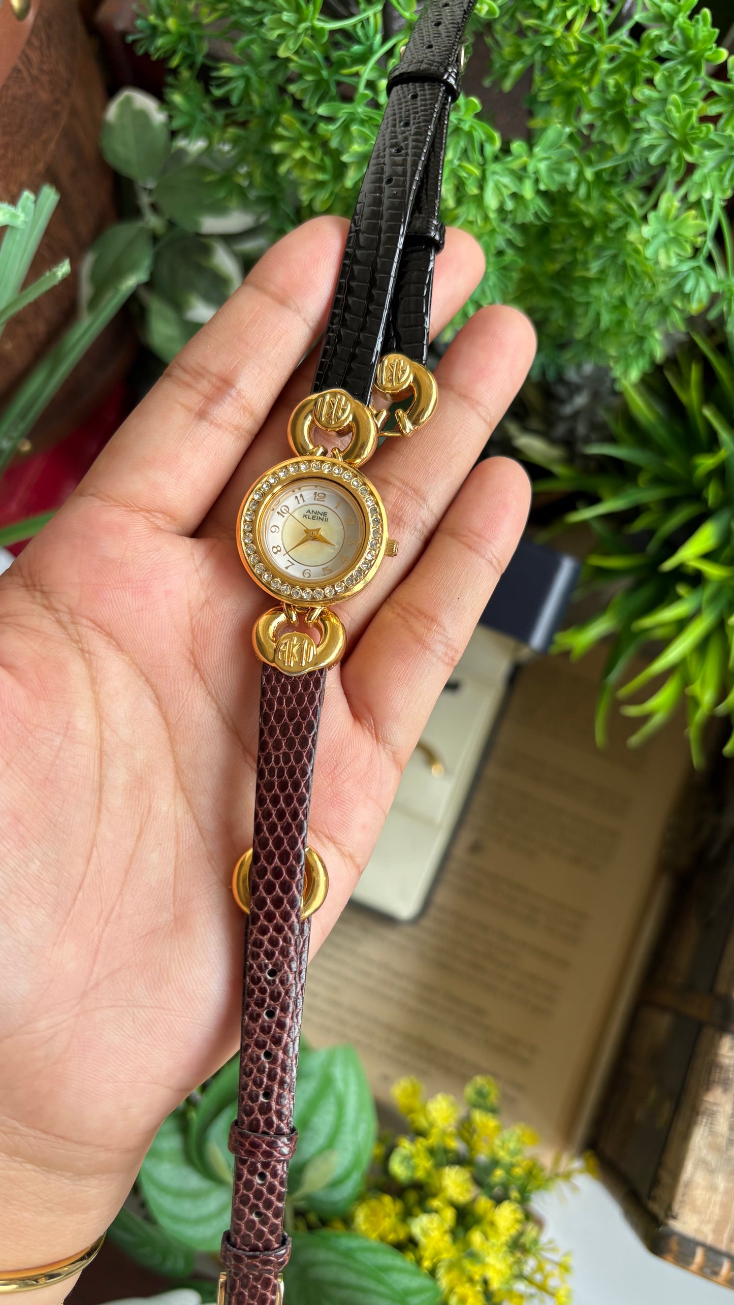 Vintage Anne Klein II Interchangeable Bezel Set Watch in Gold Tone and Two Leather Straps