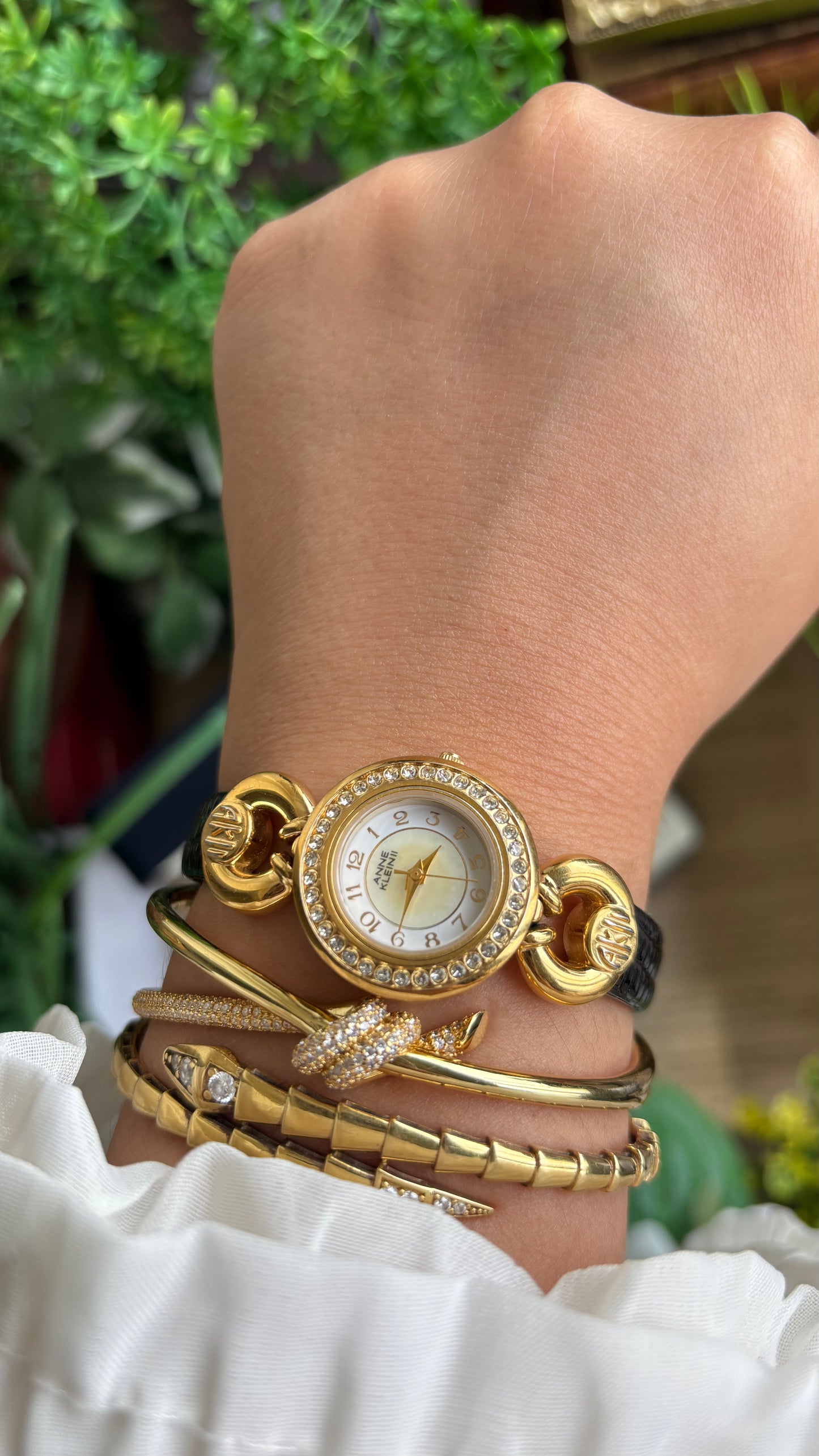 Vintage Anne Klein II Interchangeable Bezel Set Watch in Gold Tone and Two Leather Straps