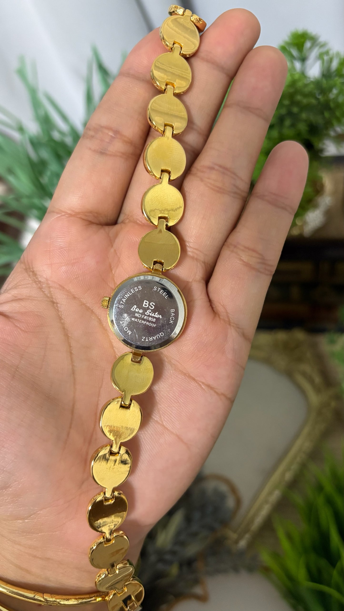 Vintage BS Bee Sister Round Watch with Mother of Pearl Dial, Tiered Step Bezel, and Gold Tone Capsule Link Bracelet Inset with Faux-Pearl Cabochons Quartz
