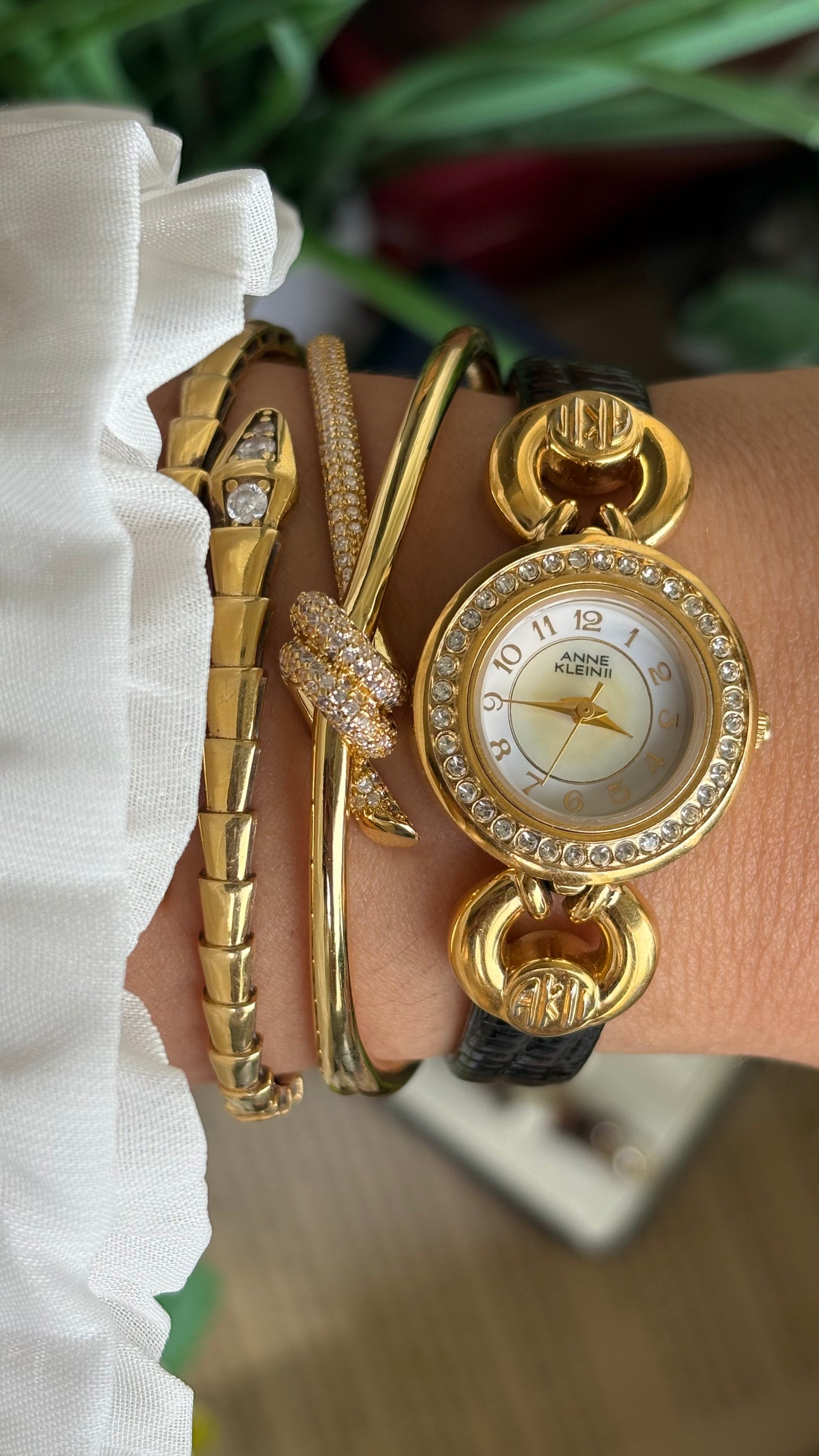 Vintage Anne Klein II Interchangeable Bezel Set Watch in Gold Tone and Two Leather Straps
