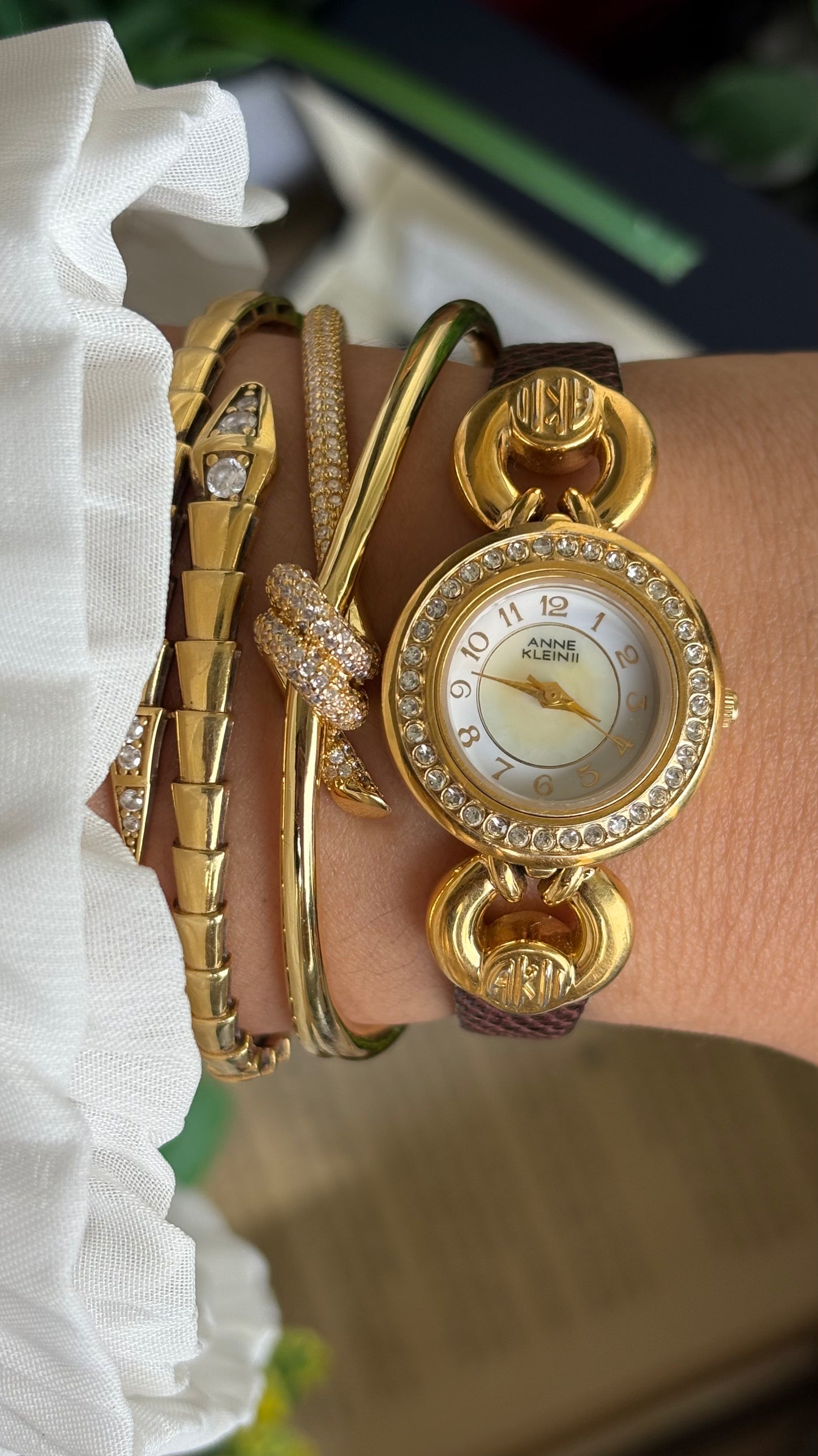 Vintage Anne Klein II Interchangeable Bezel Set Watch in Gold Tone and Two Leather Straps