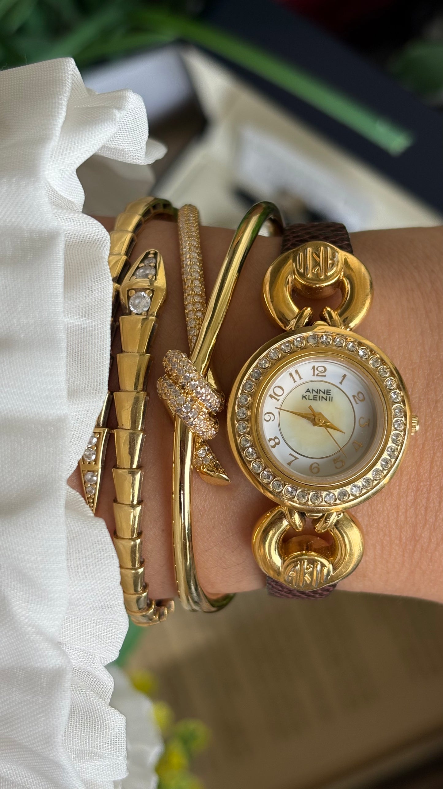 Vintage Anne Klein II Interchangeable Bezel Set Watch in Gold Tone and Two Leather Straps