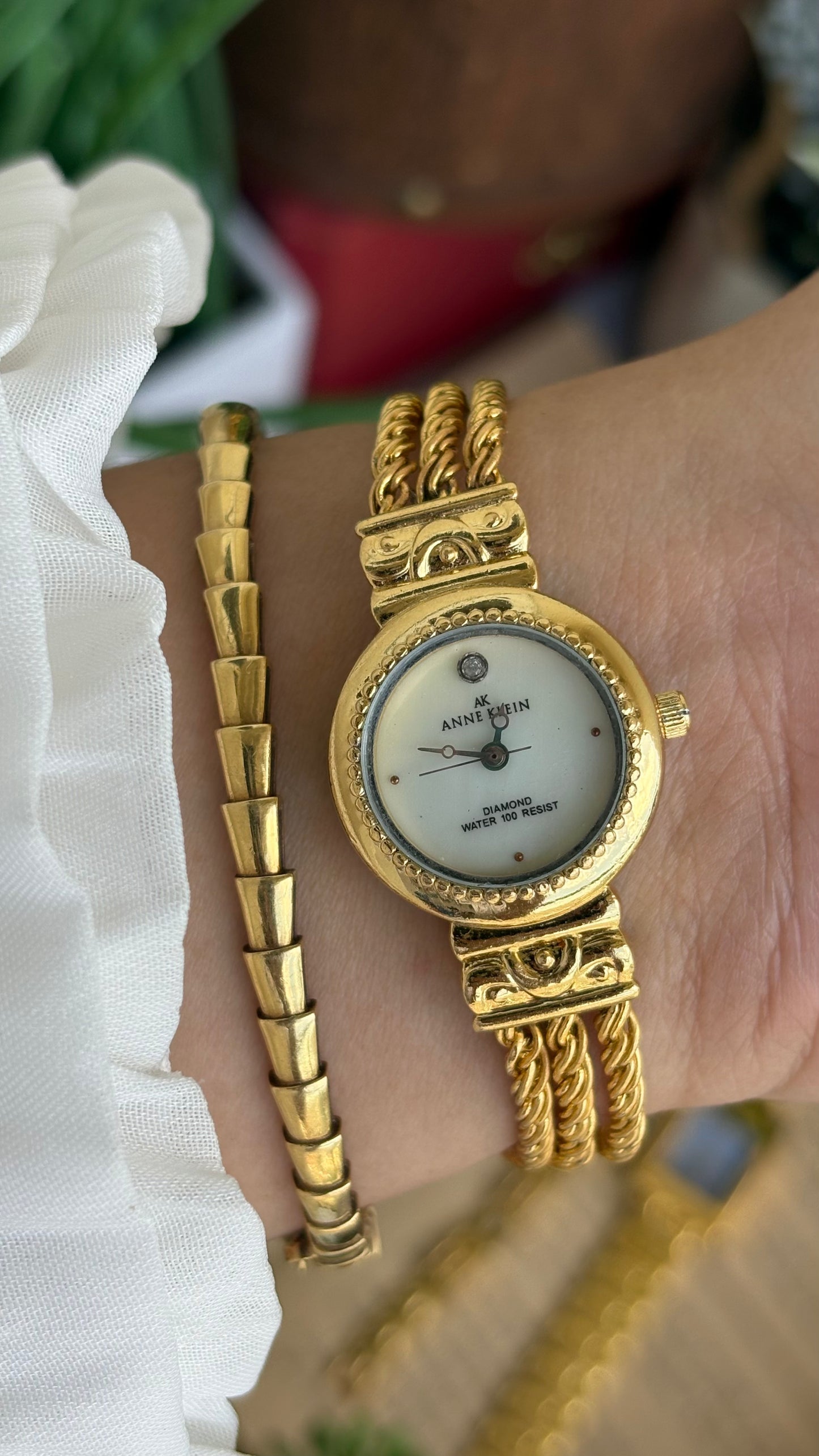 Extremely Rare Vintage Anne Klein Watch in Gold Tone with Genuine Diamond Mother of Pearl Dial