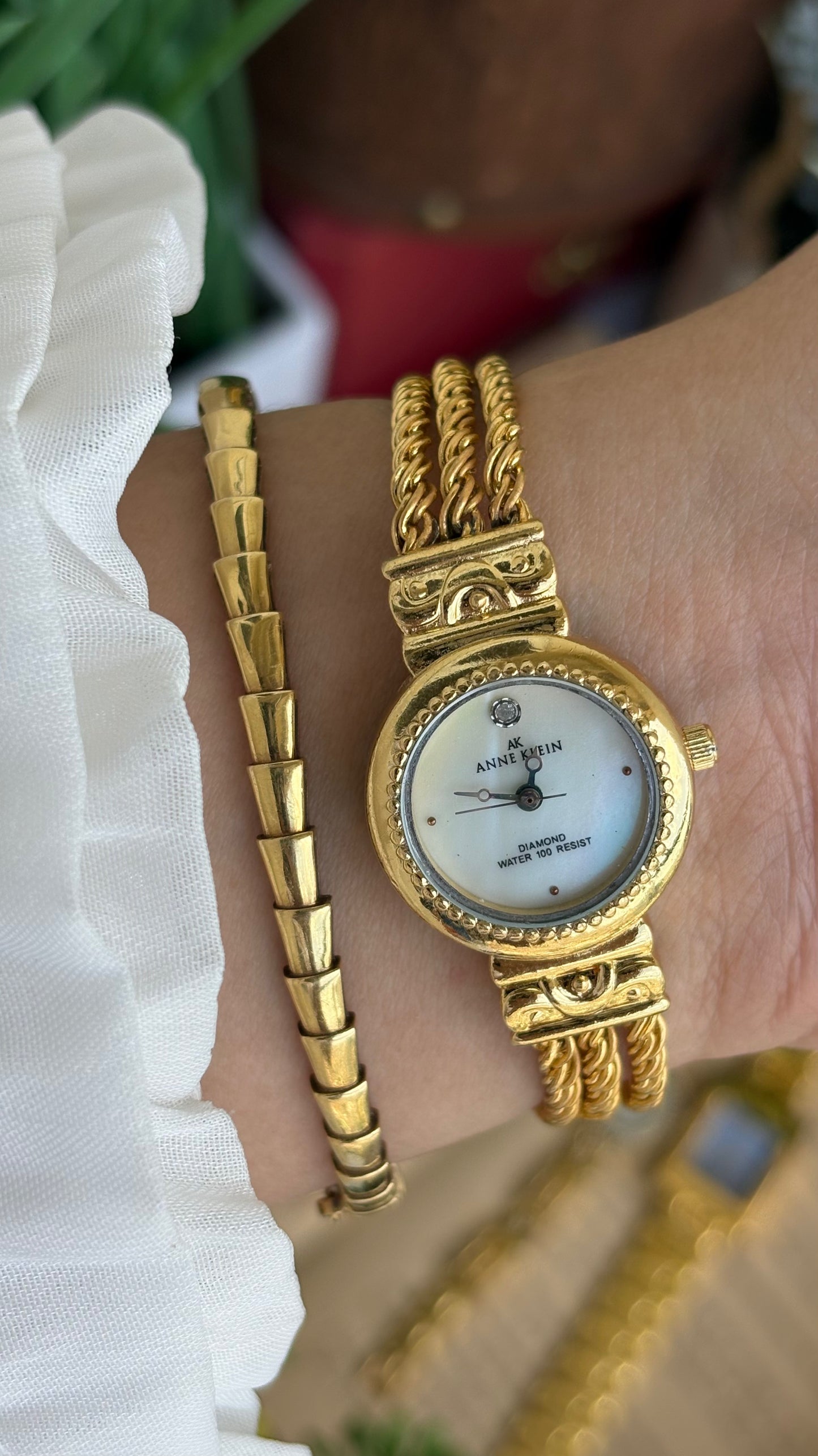 Extremely Rare Vintage Anne Klein Watch in Gold Tone with Genuine Diamond Mother of Pearl Dial
