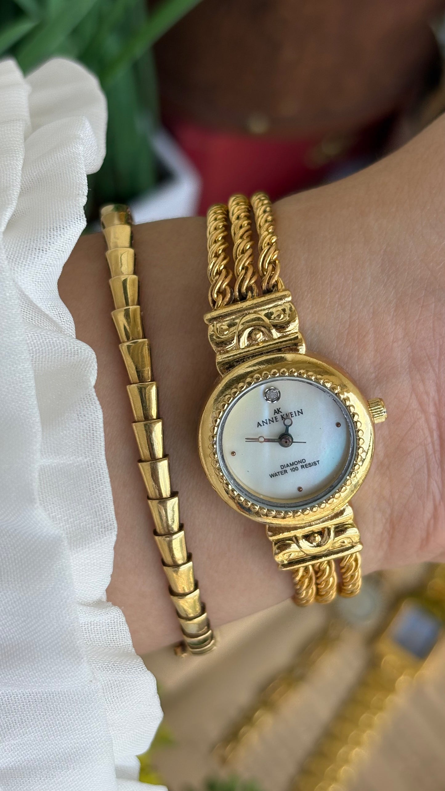 Extremely Rare Vintage Anne Klein Watch in Gold Tone with Genuine Diamond Mother of Pearl Dial