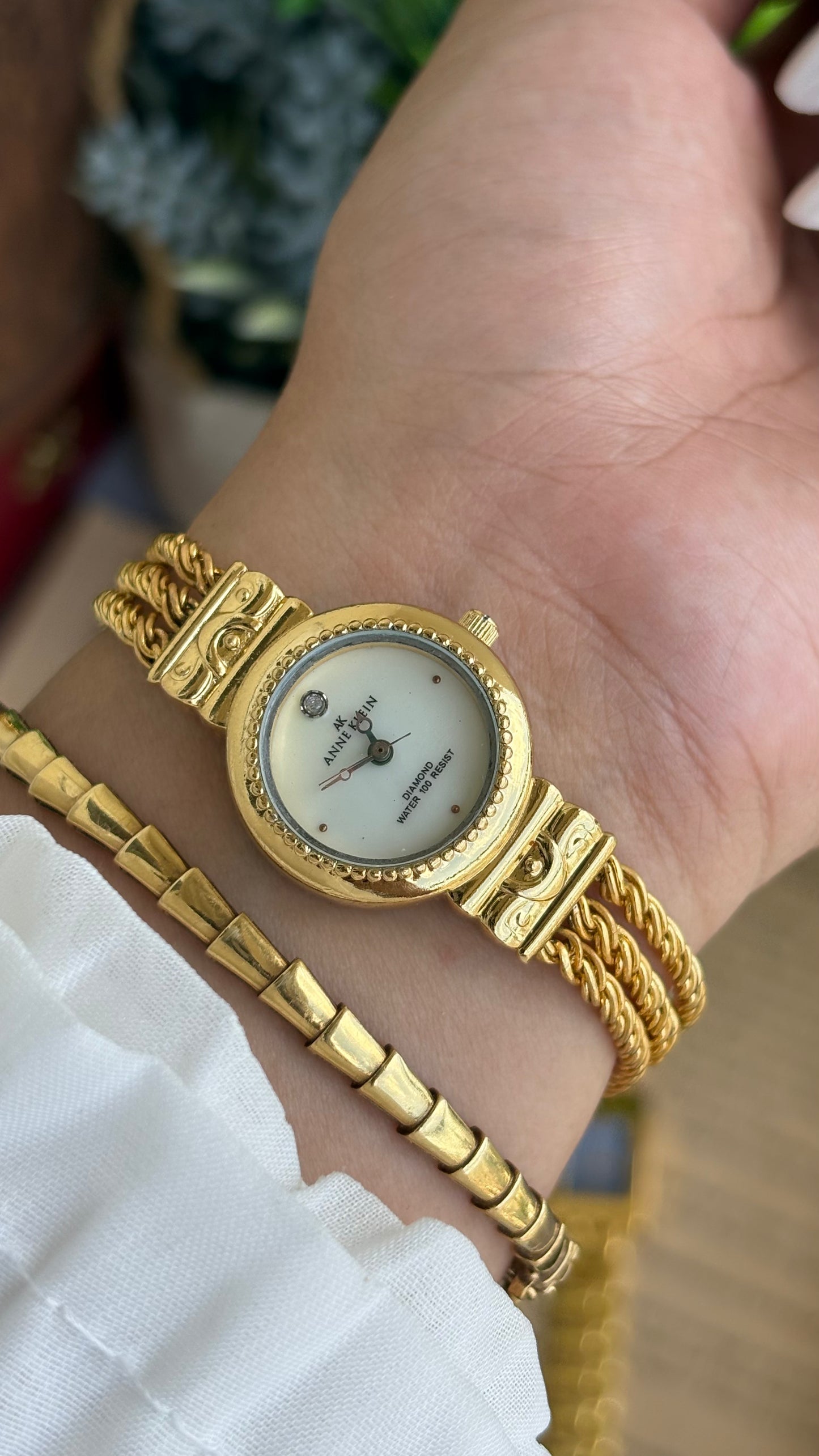 Extremely Rare Vintage Anne Klein Watch in Gold Tone with Genuine Diamond Mother of Pearl Dial